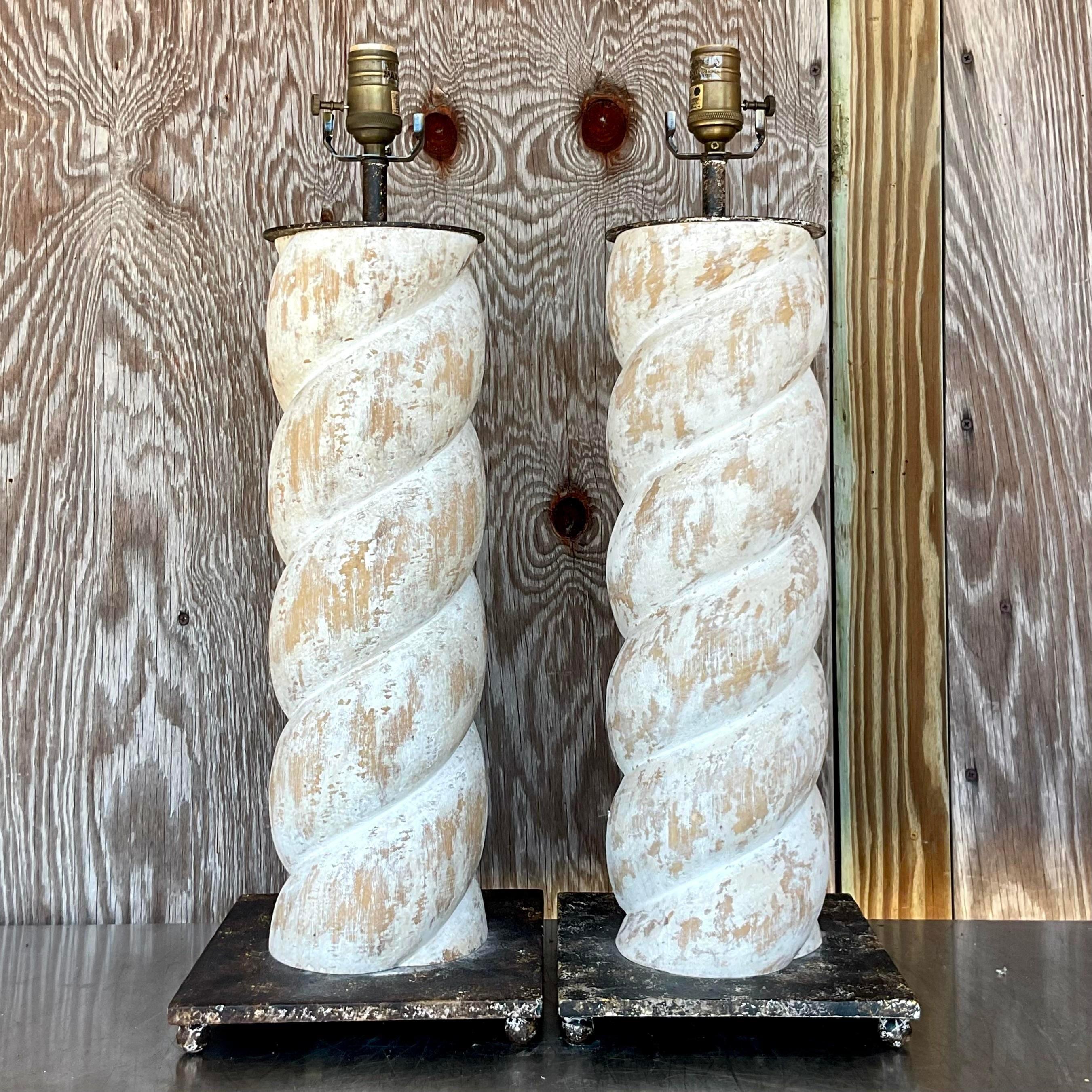 Vintage Boho Whitewashed Twist Column Lamps - a Pair In Good Condition For Sale In west palm beach, FL