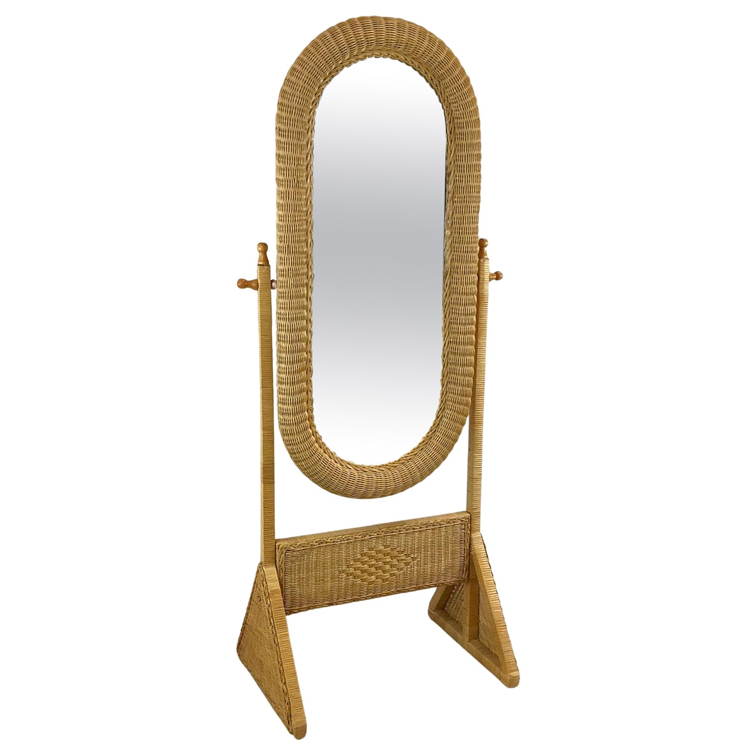 Espejo de pie vintage boho de mimbre