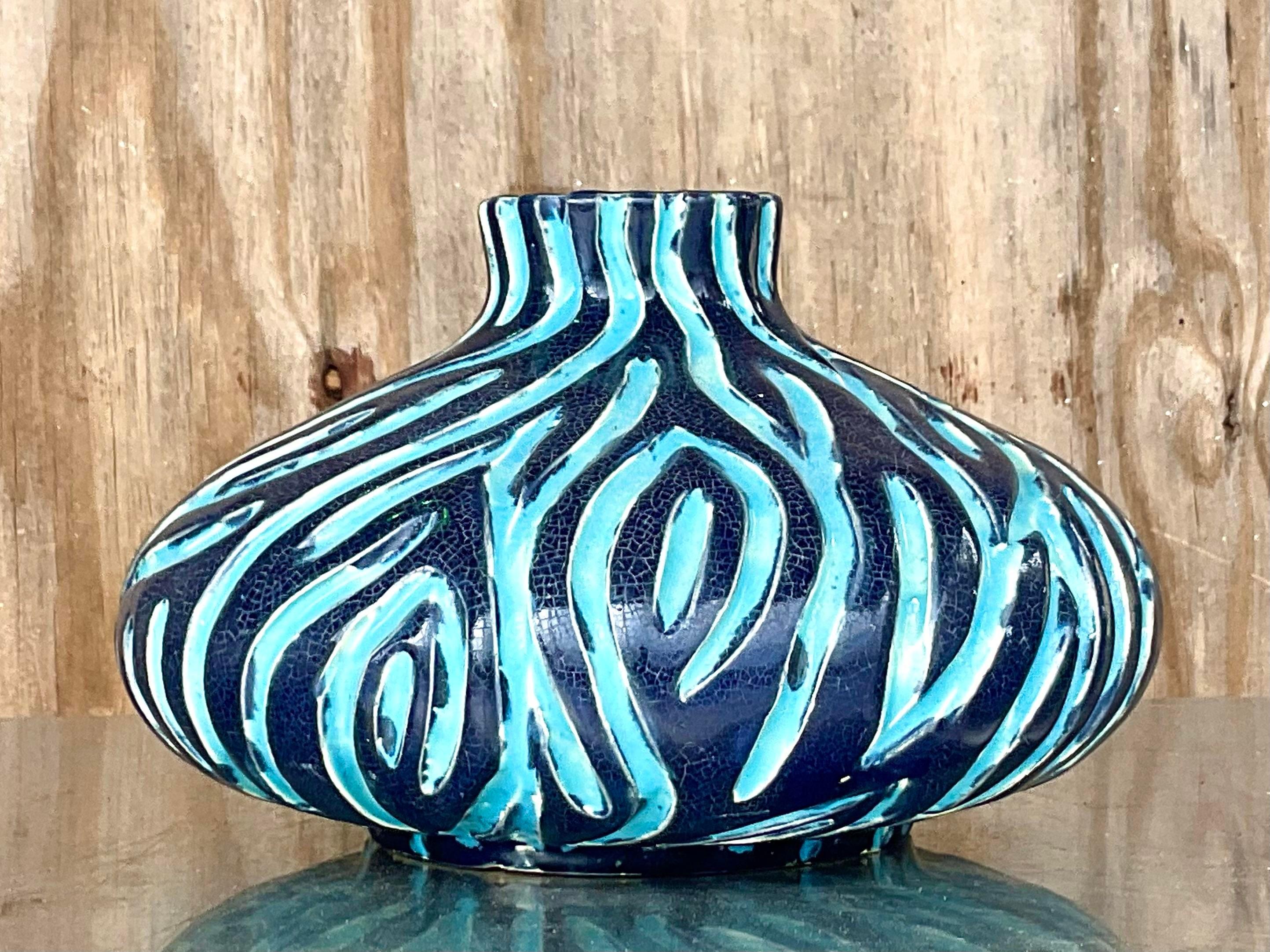 Vintage Boho Wiggles Pottery Vase In Good Condition For Sale In west palm beach, FL