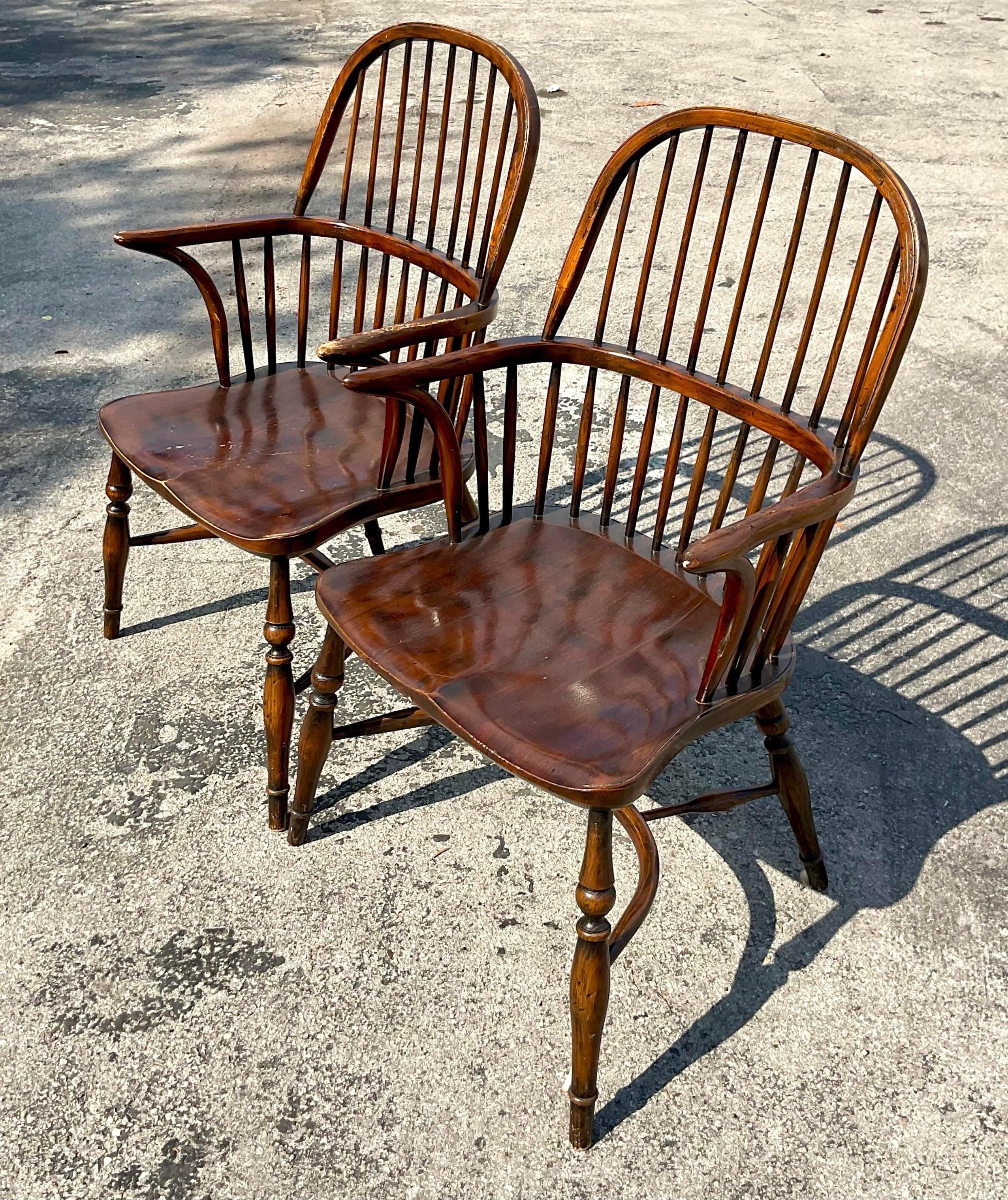Wood Vintage Boho Windsor Chairs, a Pair