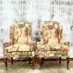 Vintage Boho Wingback Chairs in Brunschwig and Fils Floral - a Pair