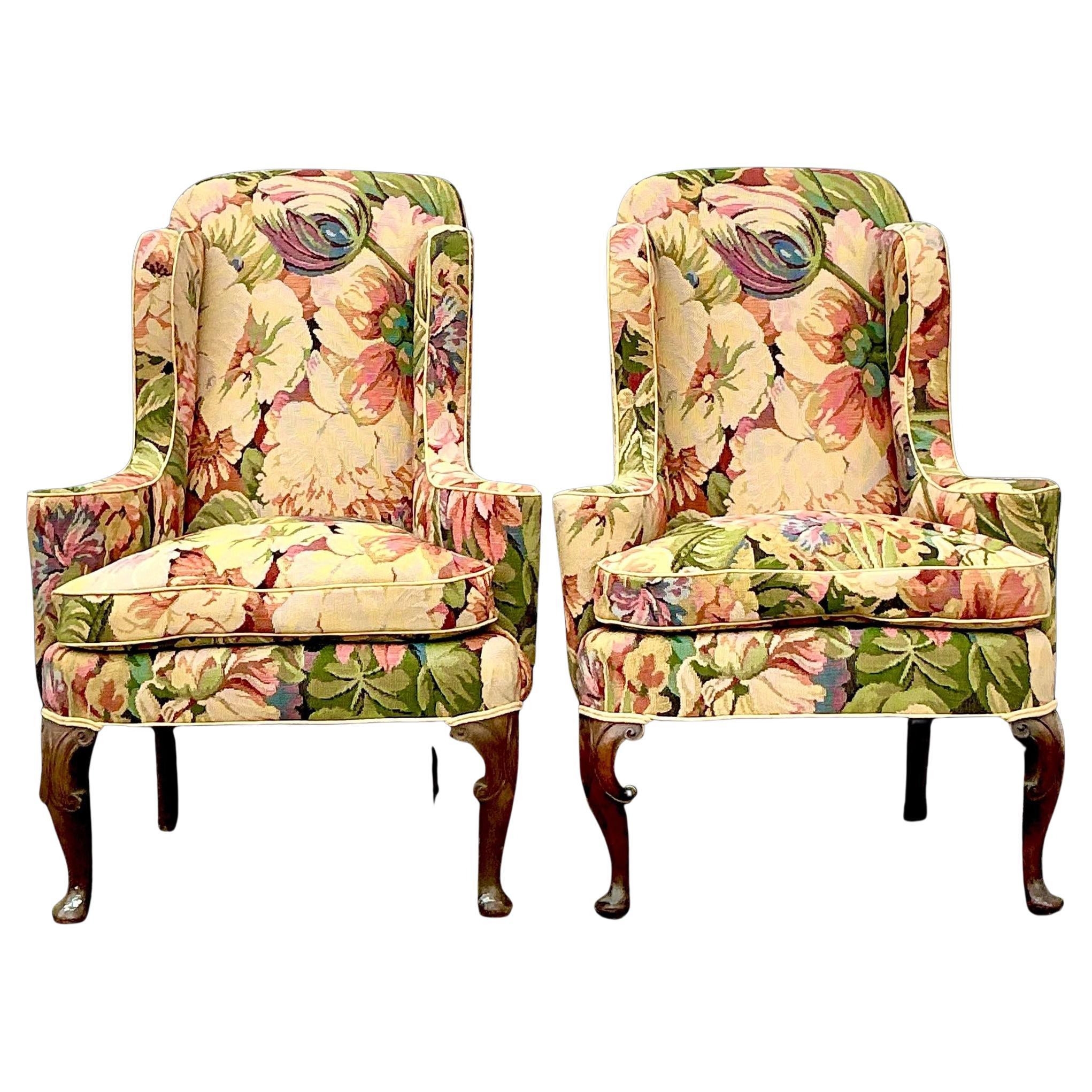 Vintage Boho Wingback Chairs in Brunschwig and Fils Floral - a Pair