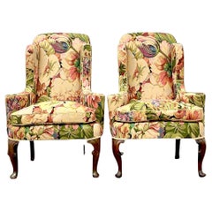 Vintage Boho Wingback Chairs in Brunschwig and Fils Floral - a Pair