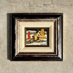 Vintage Boho Winter Farm Oil Painting in Frame