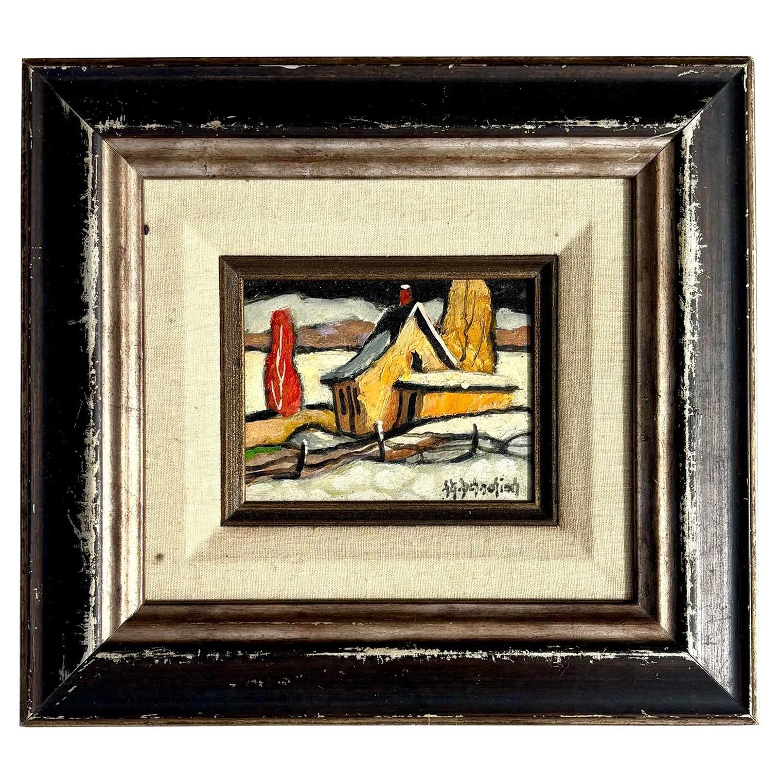 Peinture à l
huile vintage Boho Winter Farm dans un cadre