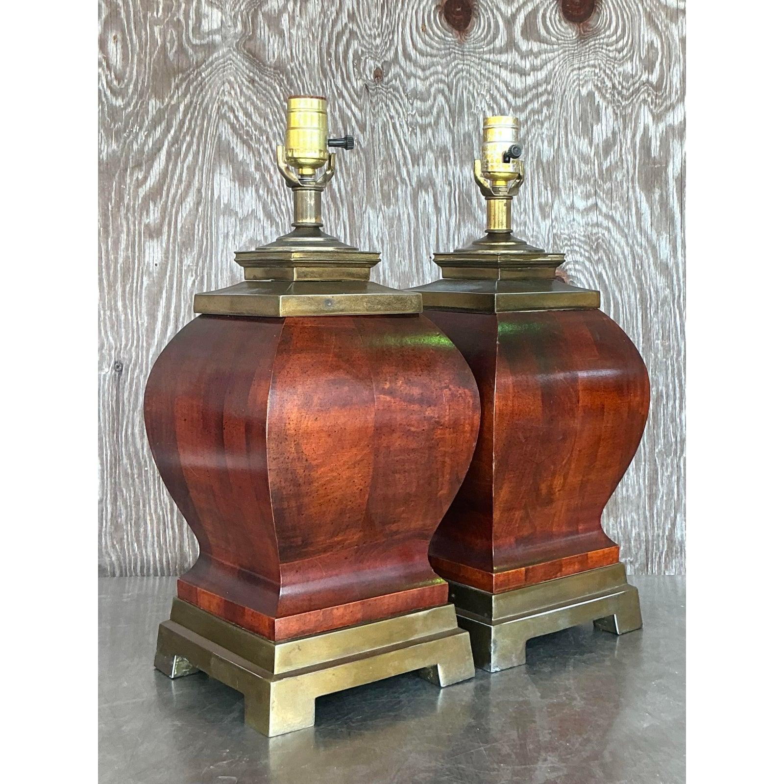 Vintage Boho Wood and Brass Lamps - A Pair In Good Condition For Sale In west palm beach, FL
