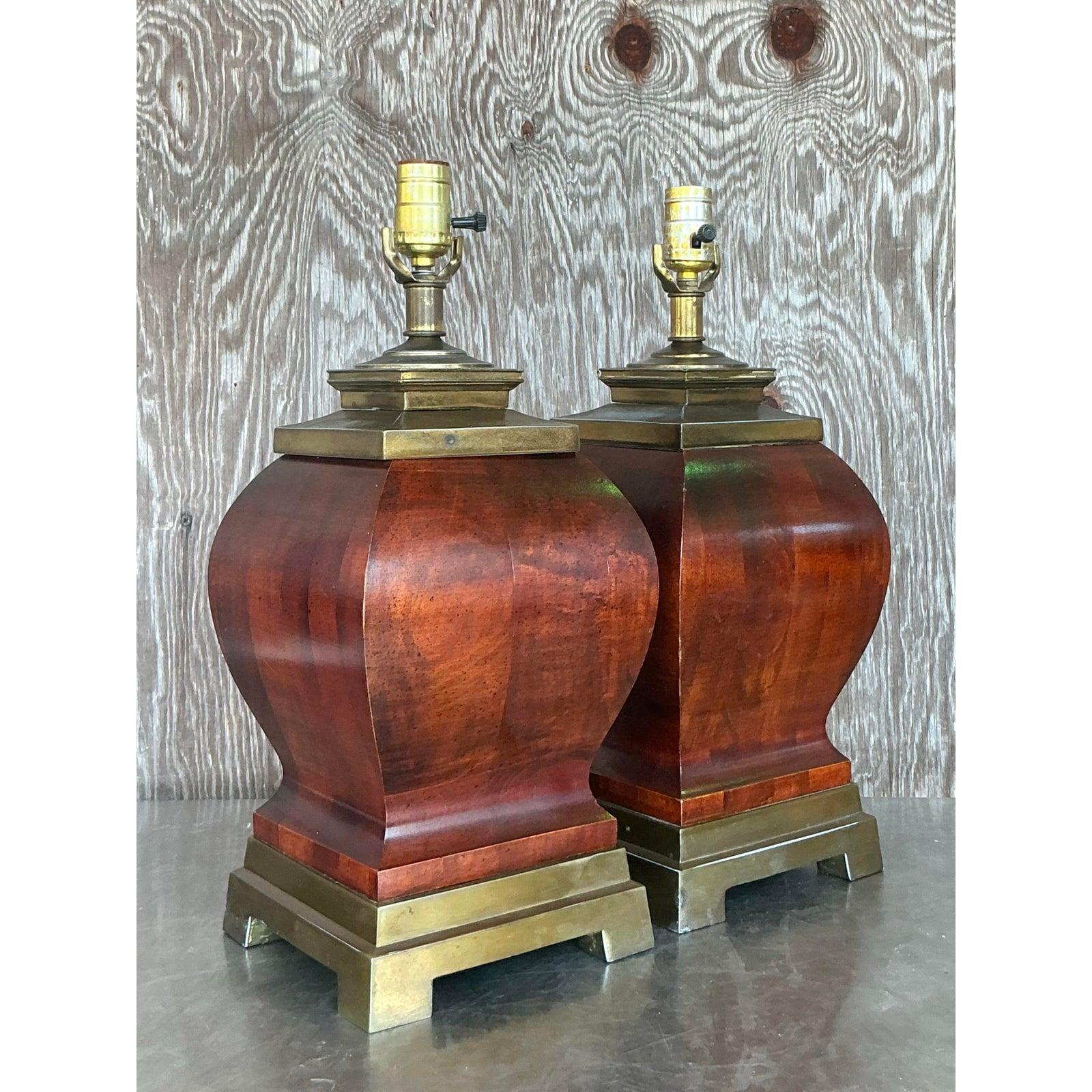20th Century Vintage Boho Wood and Brass Lamps - A Pair For Sale
