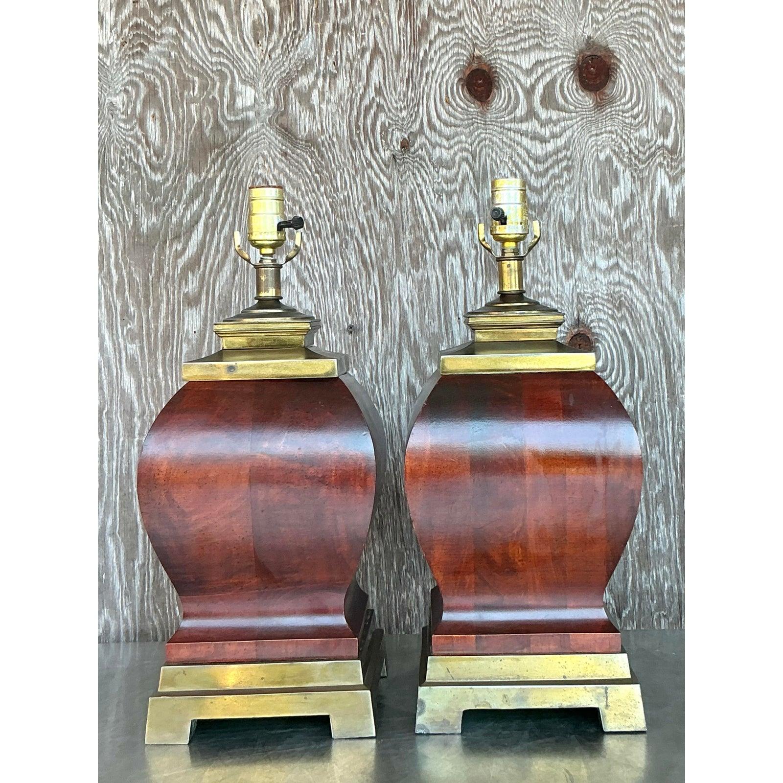 Vintage Boho Wood and Brass Lamps - A Pair For Sale 2