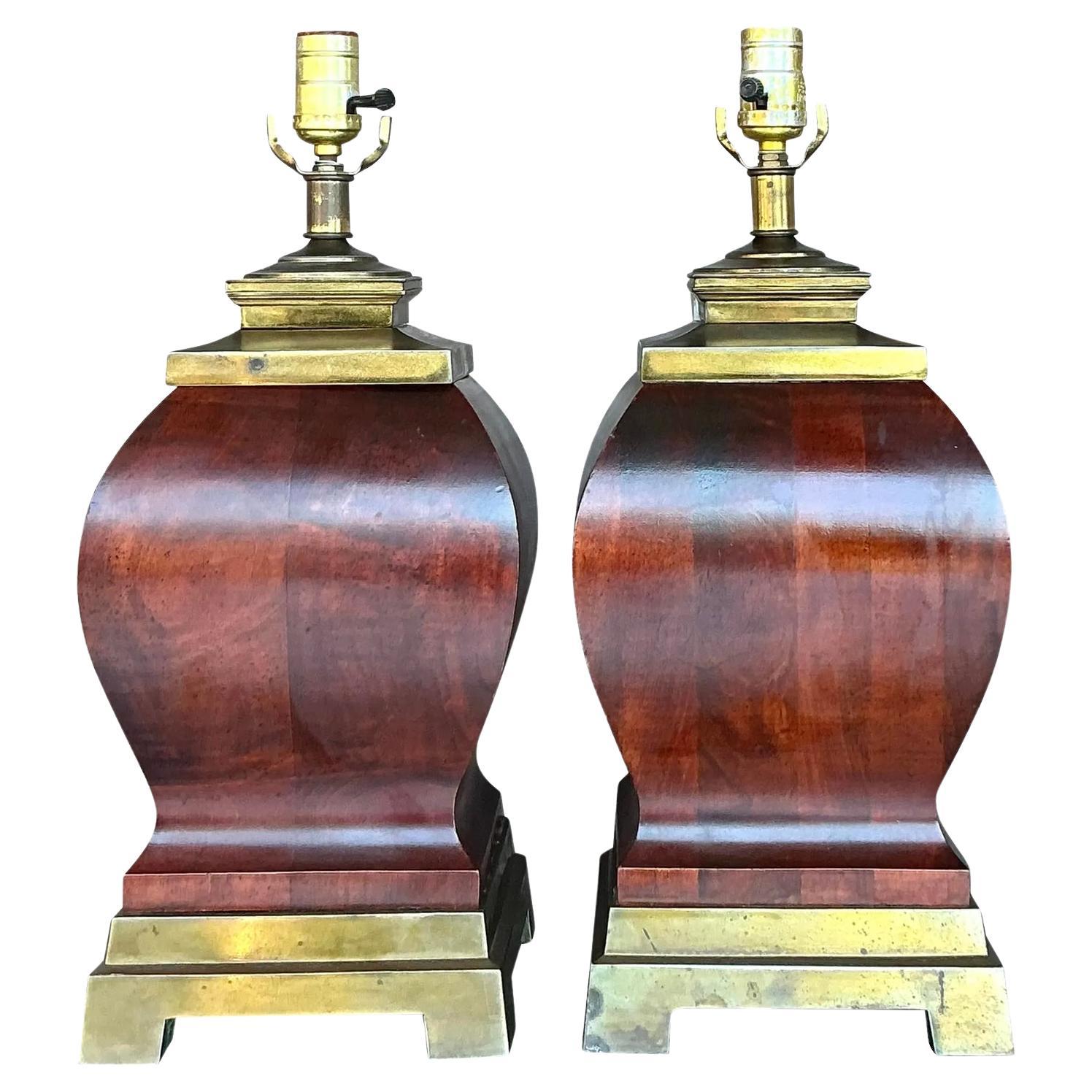 Vintage Boho Wood and Brass Lamps - A Pair For Sale