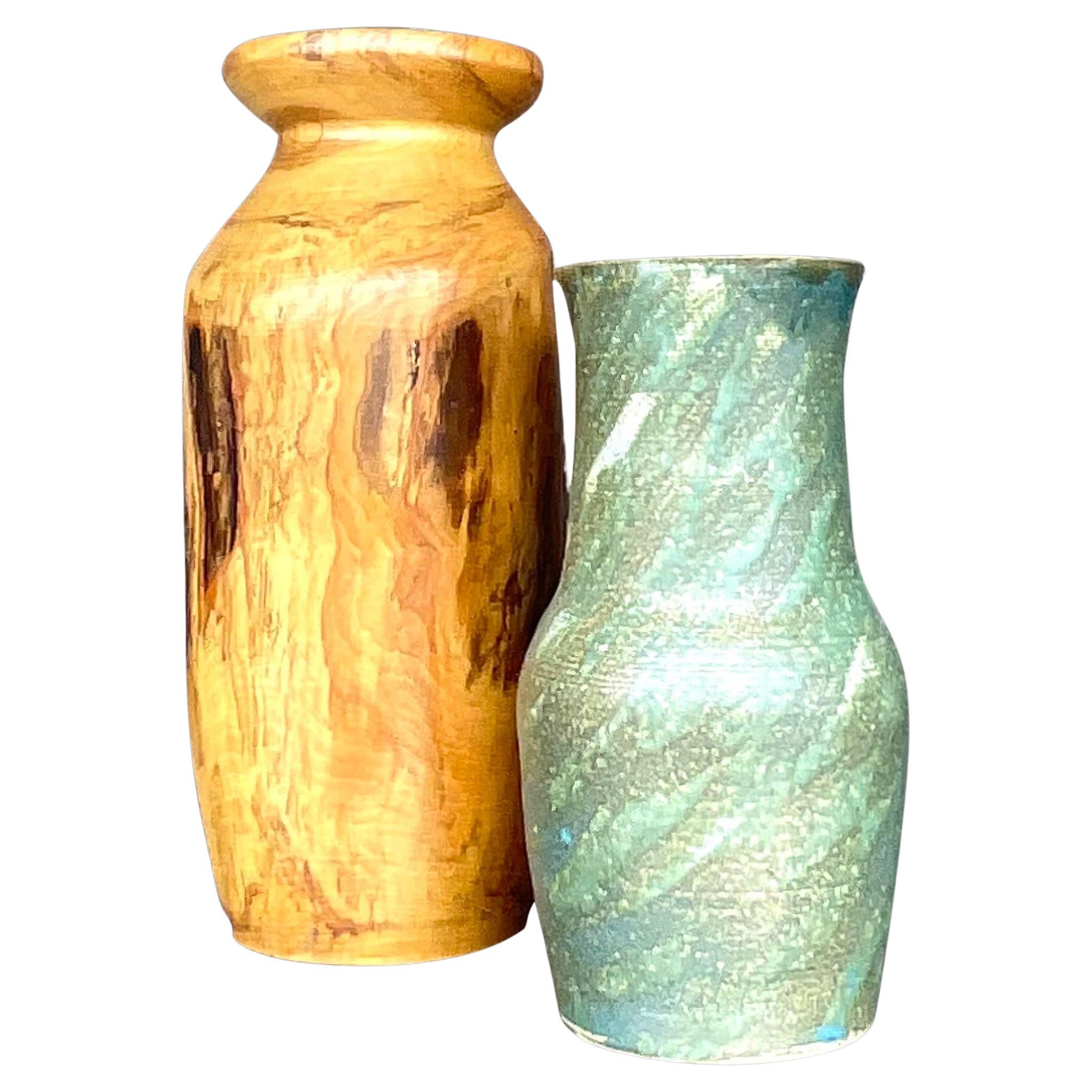 Jarrones Vintage Boho de Madera y Cerámica - Lote de 2