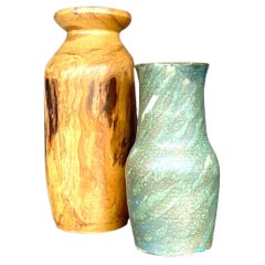 Vintage Boho Wood and Pottery Vases - Set of 2