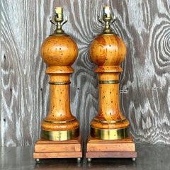 Vintage Boho Wood Balustrade Table Lamps - a Pair