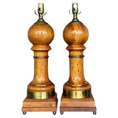 Vintage Boho Wood Balustrade Table Lamps - a Pair