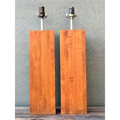 Vintage Boho Wood Block Lamps - A Pair