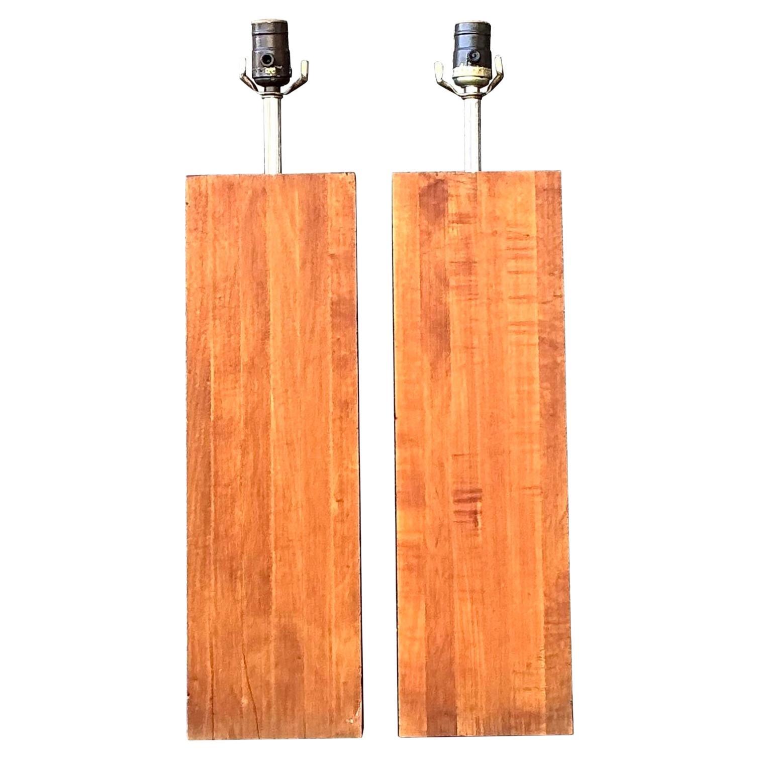 Vintage Boho Wood Block Lamps - A Pair