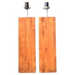 Vintage Boho Wood Block Lamps - A Pair