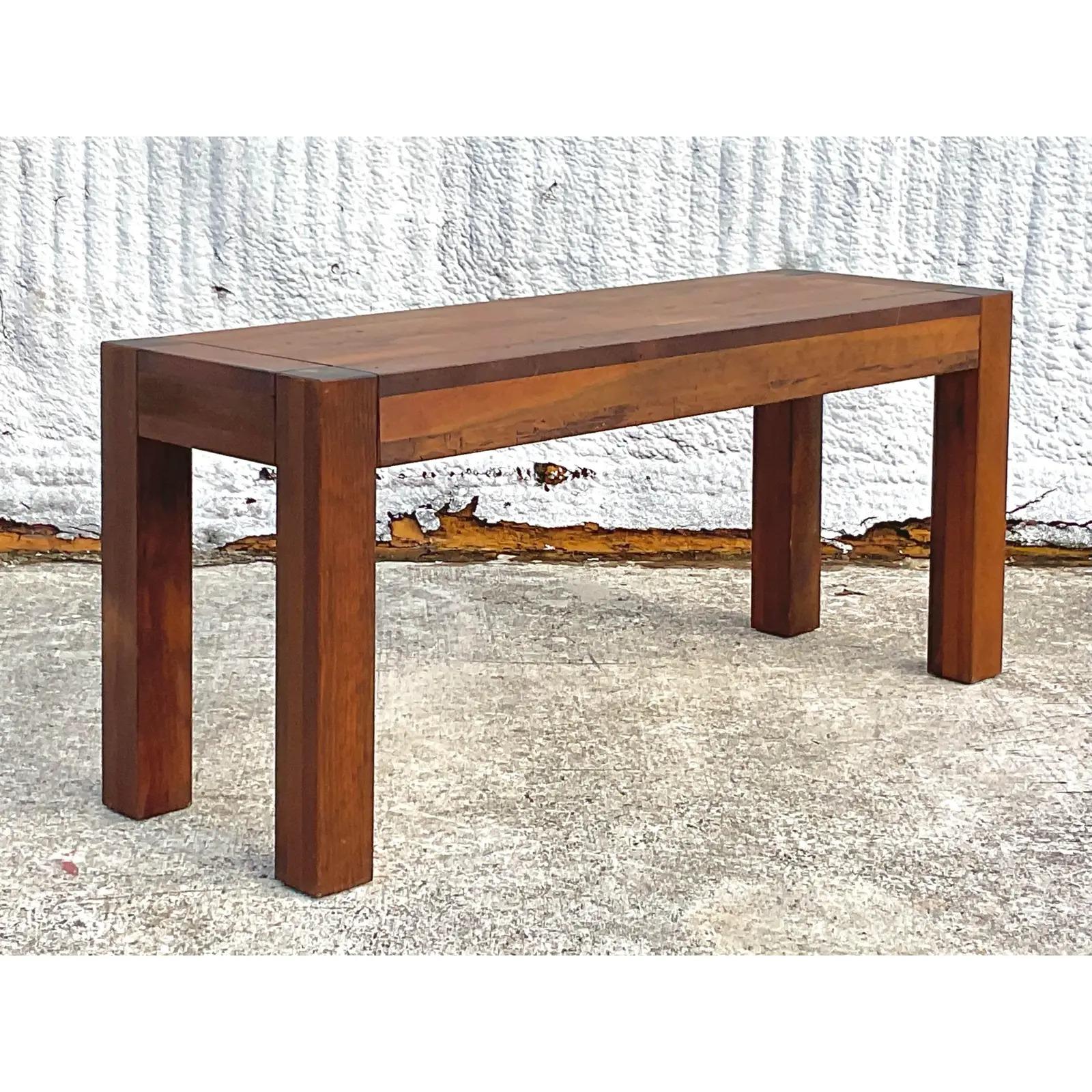 Vintage Boho Wood Block Parsons Console Table For Sale 4