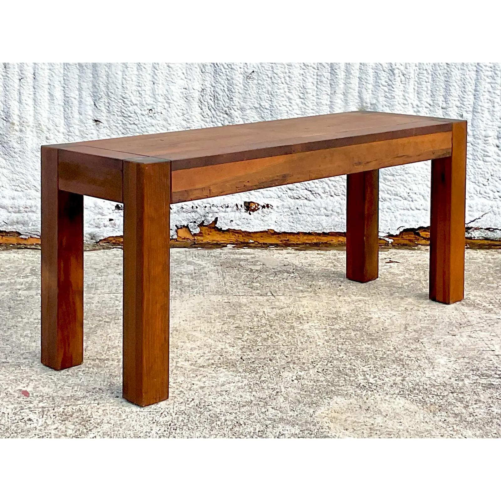 Vintage Boho Wood Block Parsons Console Table In Good Condition For Sale In west palm beach, FL