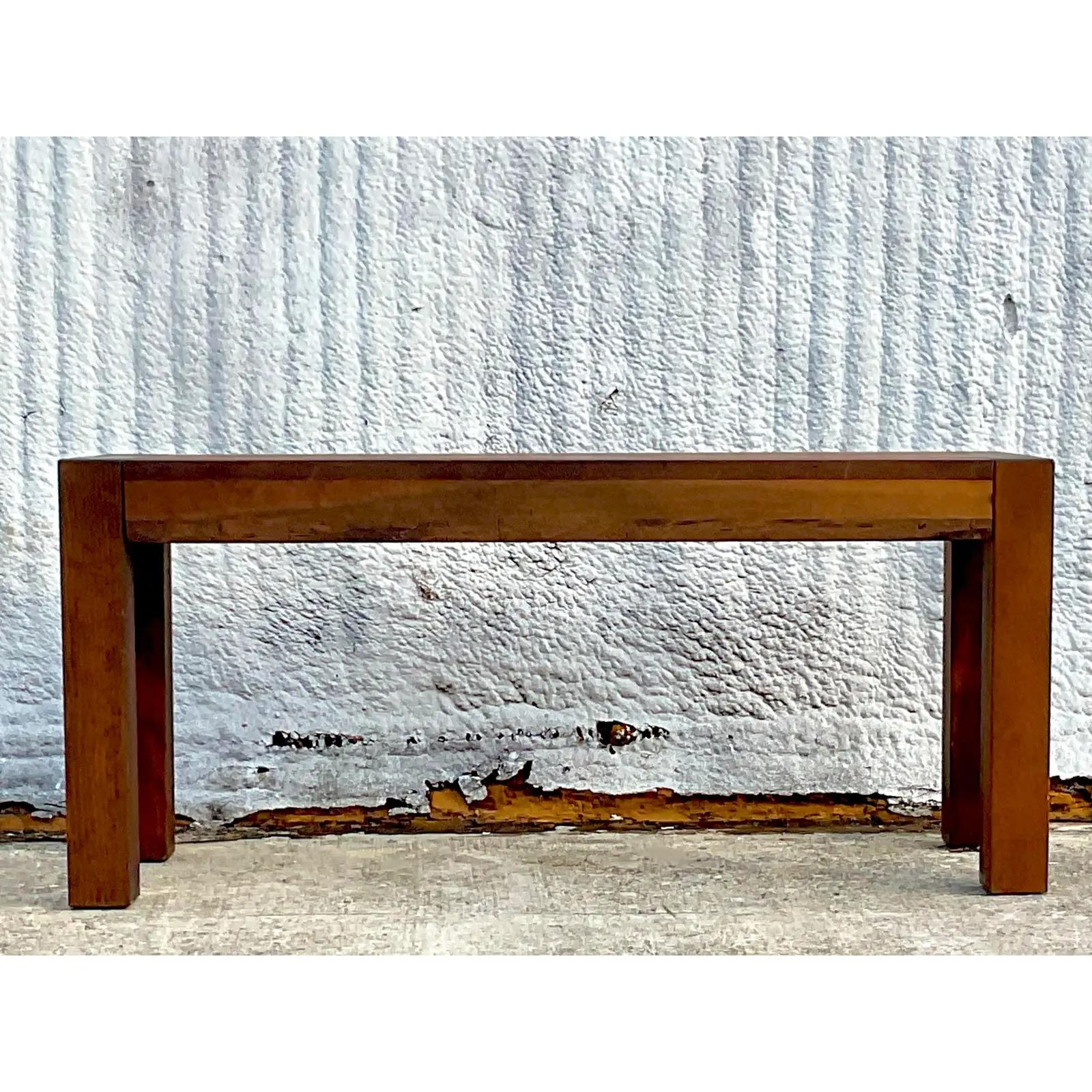 Vintage Boho Wood Block Parsons Console Table For Sale 1