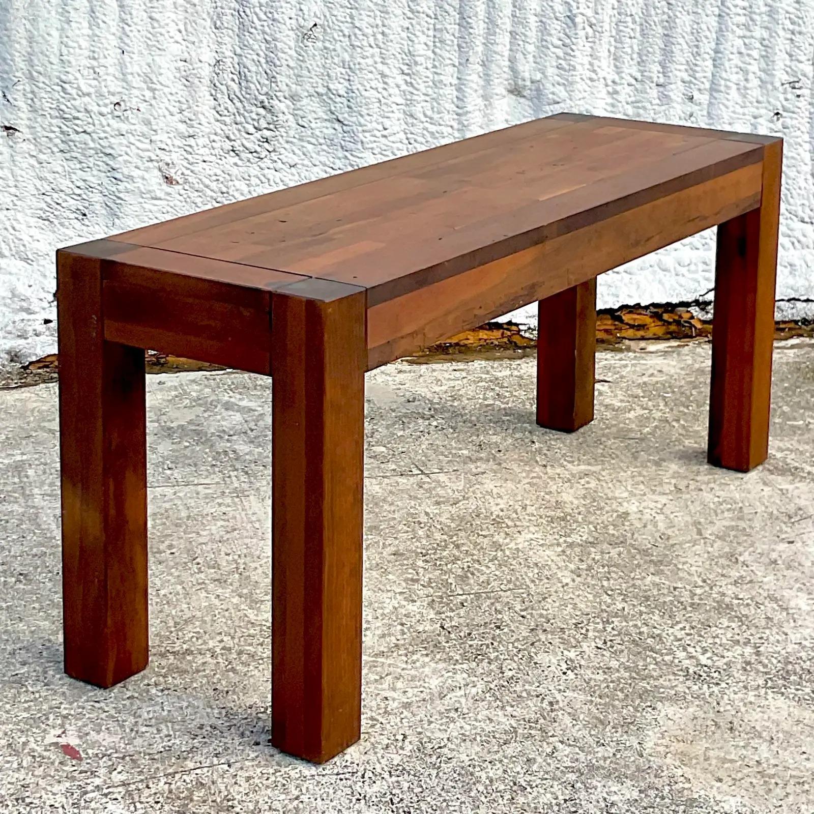 Vintage Boho Wood Block Parsons Console Table For Sale 1