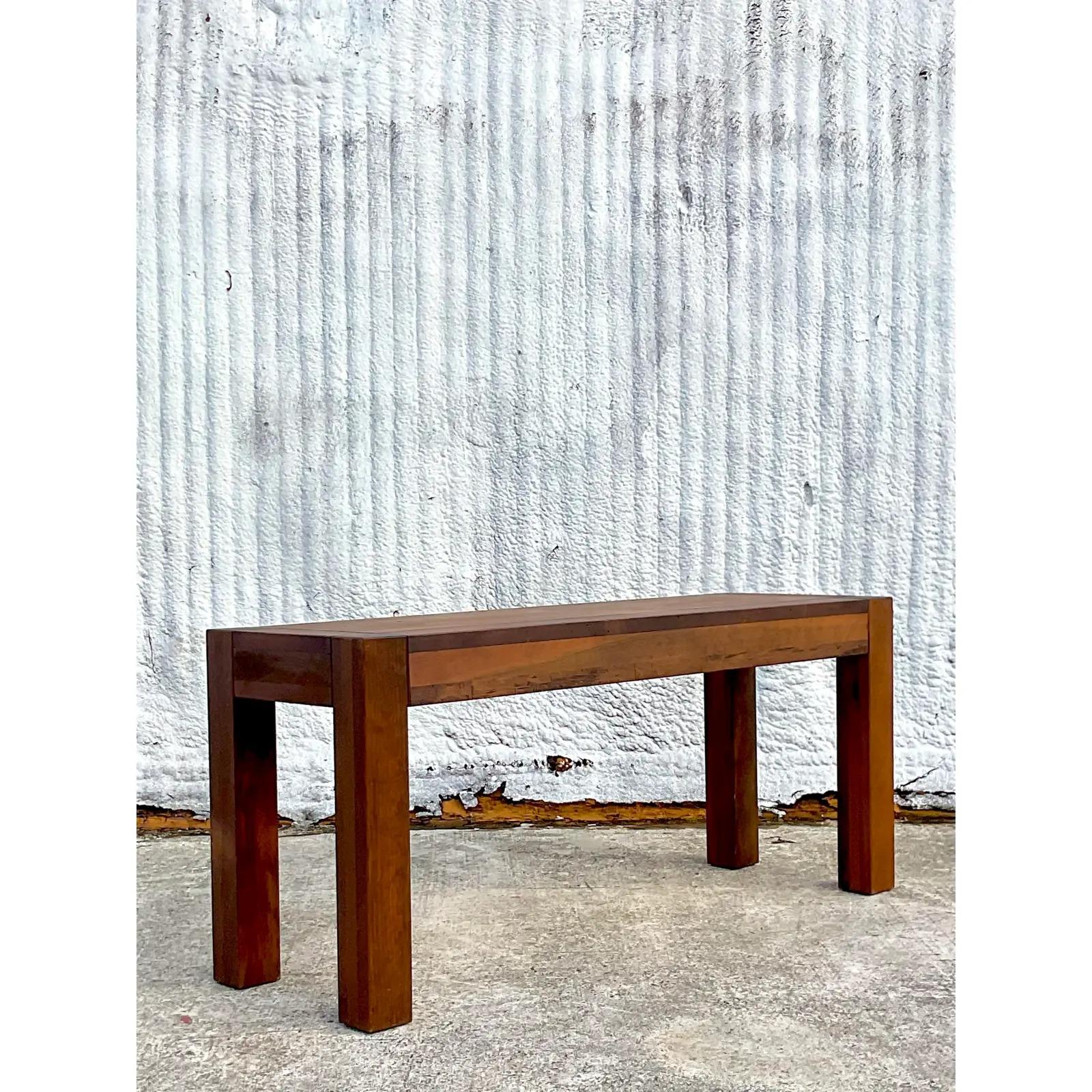 Vintage Boho Wood Block Parsons Console Table For Sale 3