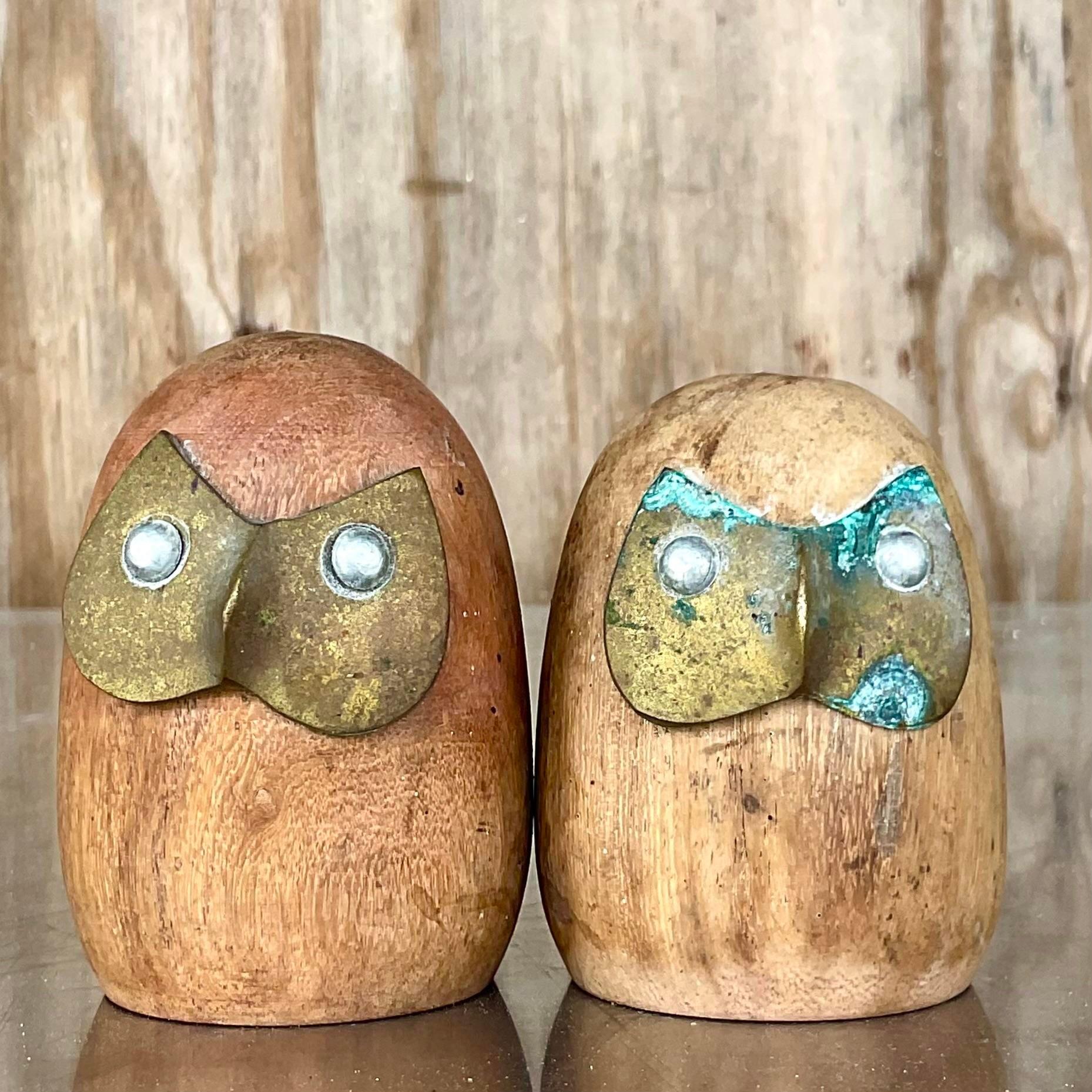 Vintage Boho Wood Brass Owls - a Pair In Good Condition For Sale In west palm beach, FL