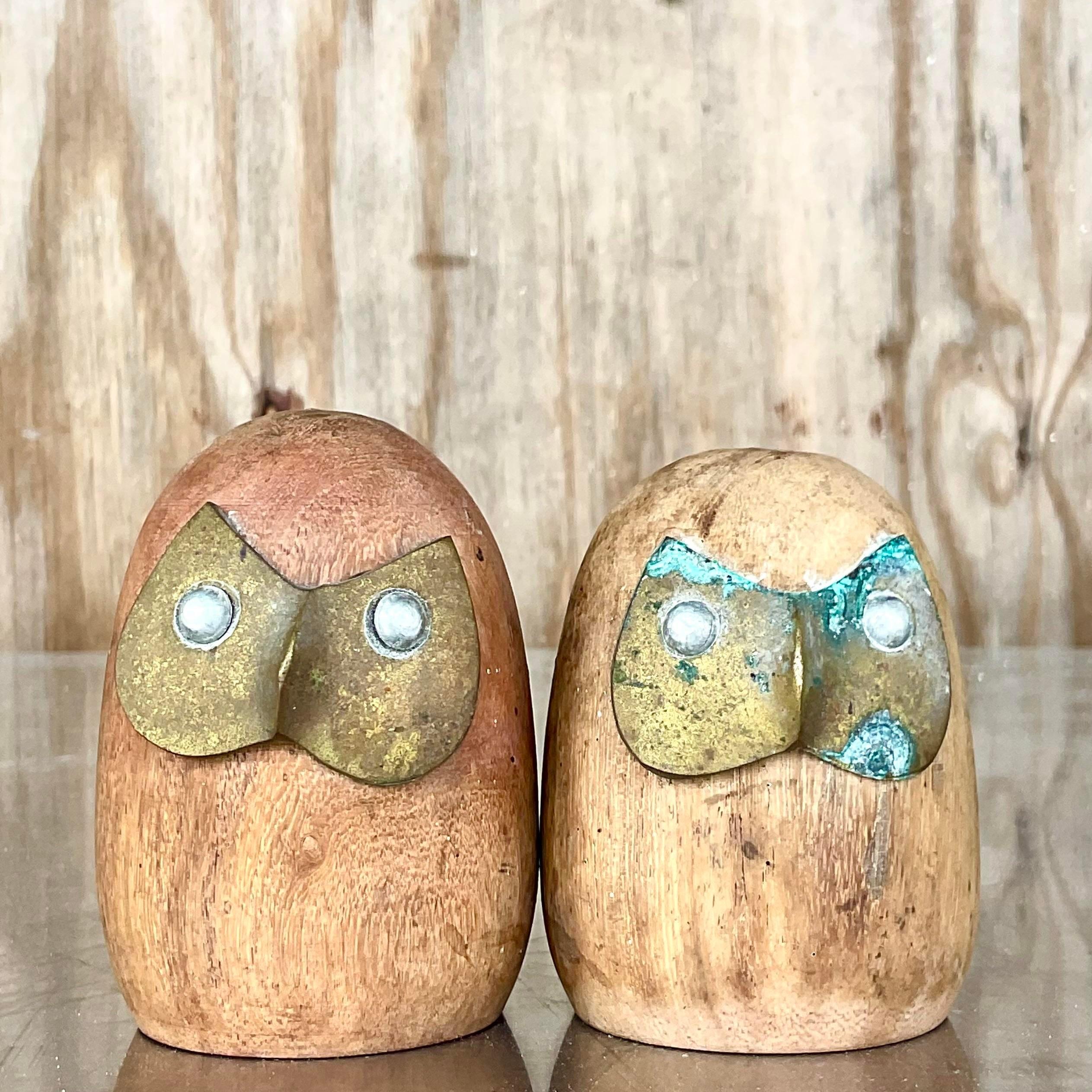20th Century Vintage Boho Wood Brass Owls - a Pair For Sale