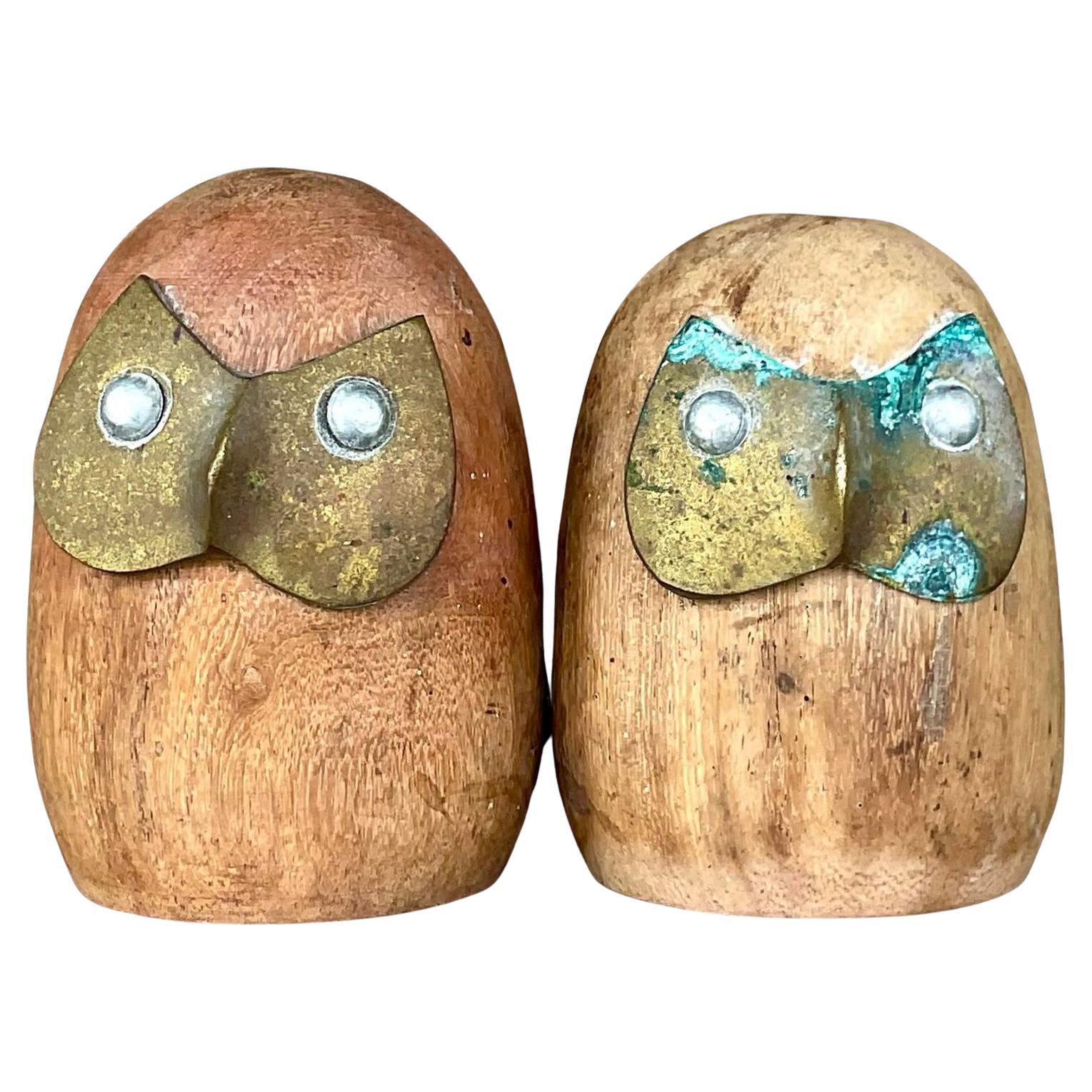 Vintage Boho Wood Brass Owls - a Pair For Sale