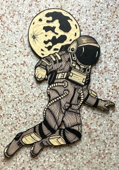 Vintage Boho-A Astronaut-Wandskulptur, Holzschnitt-Relief im Holzschliff