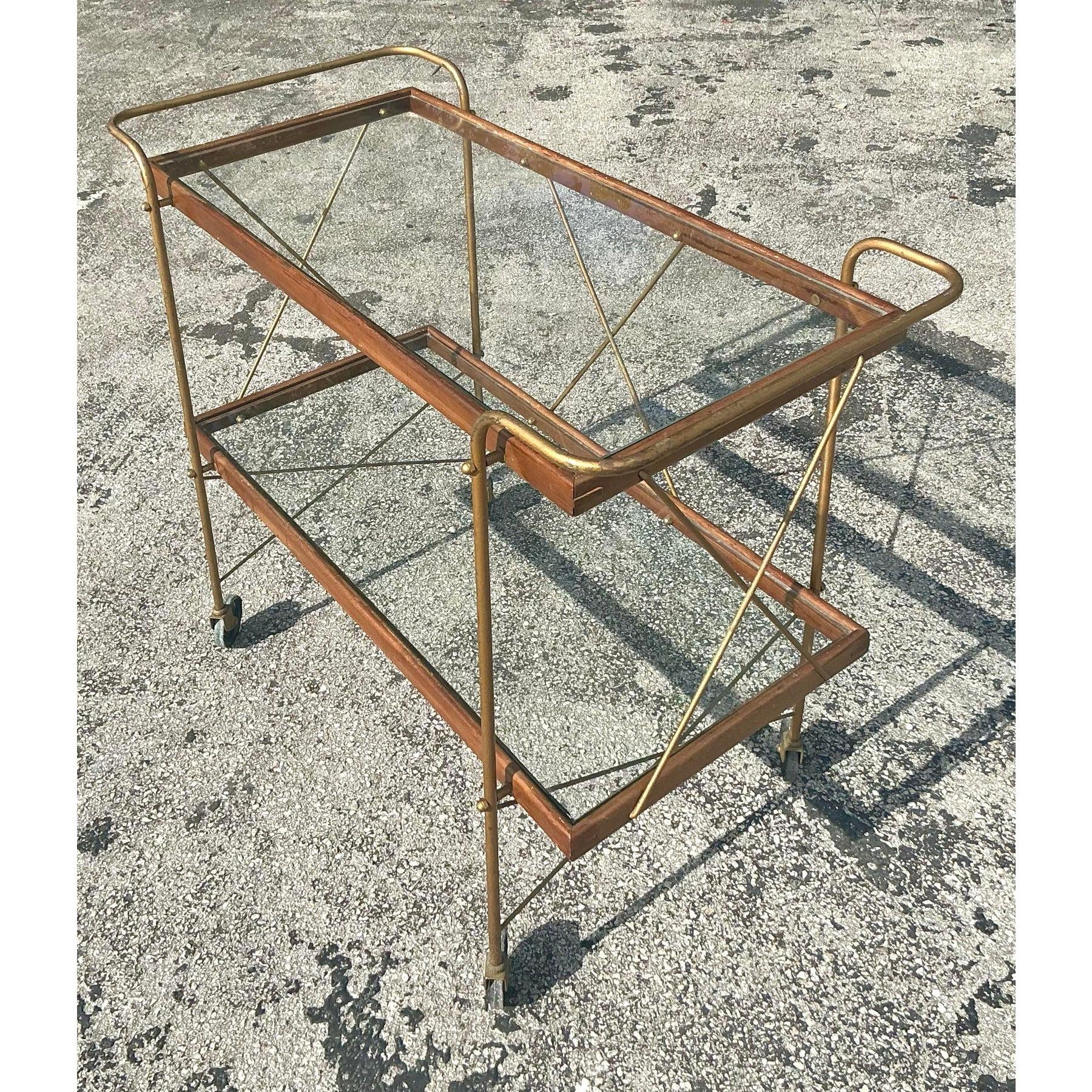 Mid-Century Modern Barcart Vintage Boho en verre avec cadre en bois en vente