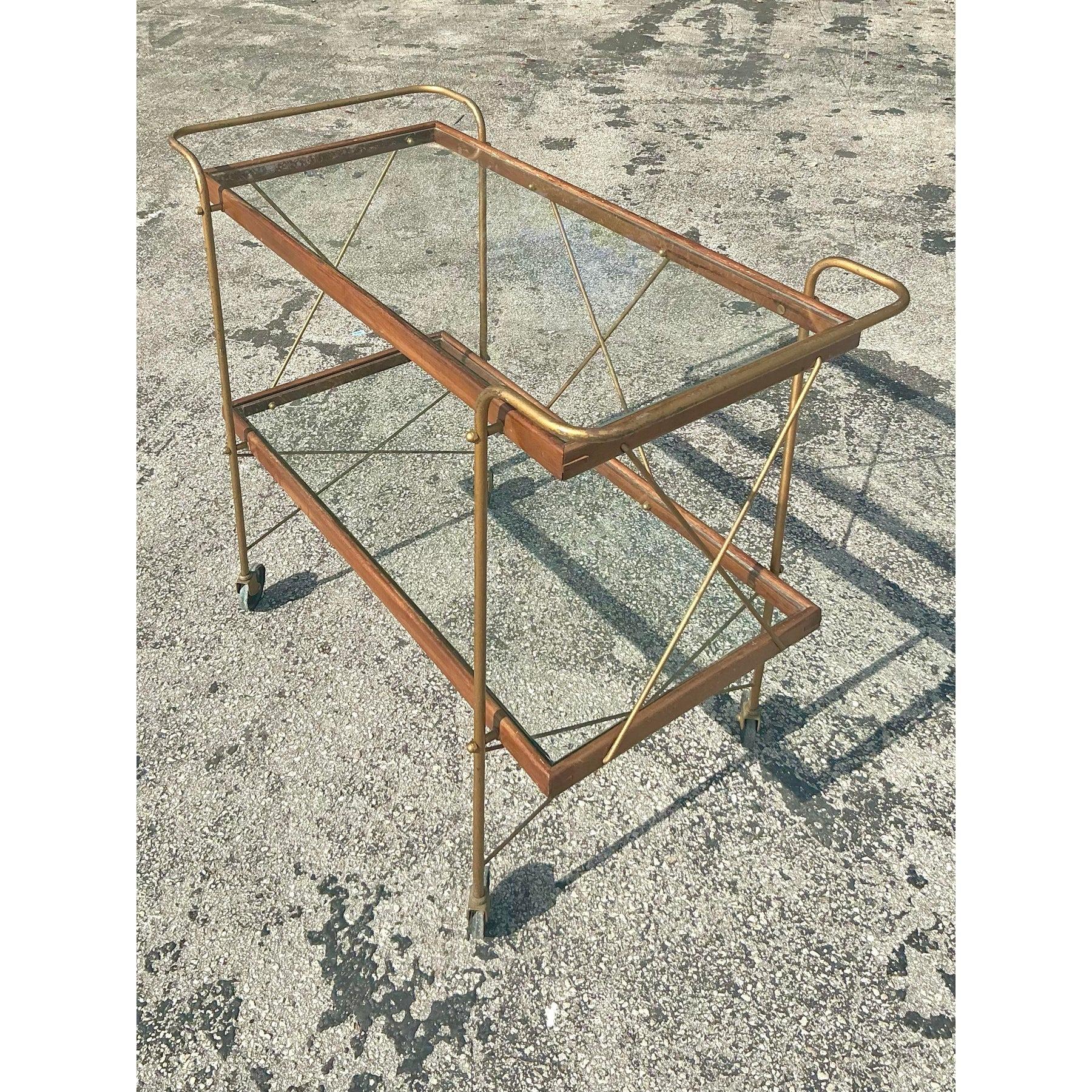 Laiton Barcart Vintage Boho en verre avec cadre en bois en vente