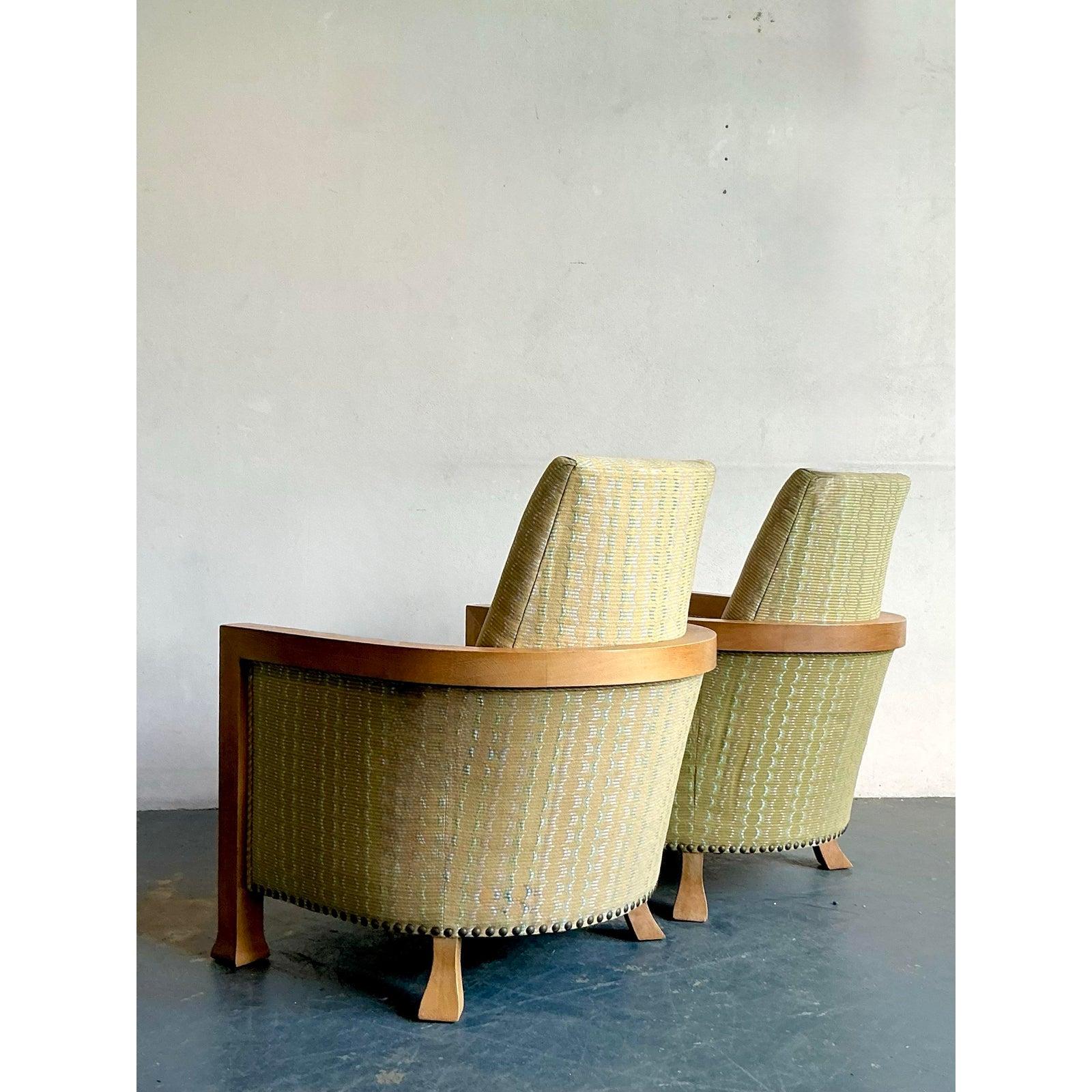 Vintage Boho Wood Frame Lounge Chairs - A Pair (amerikanisch) im Angebot