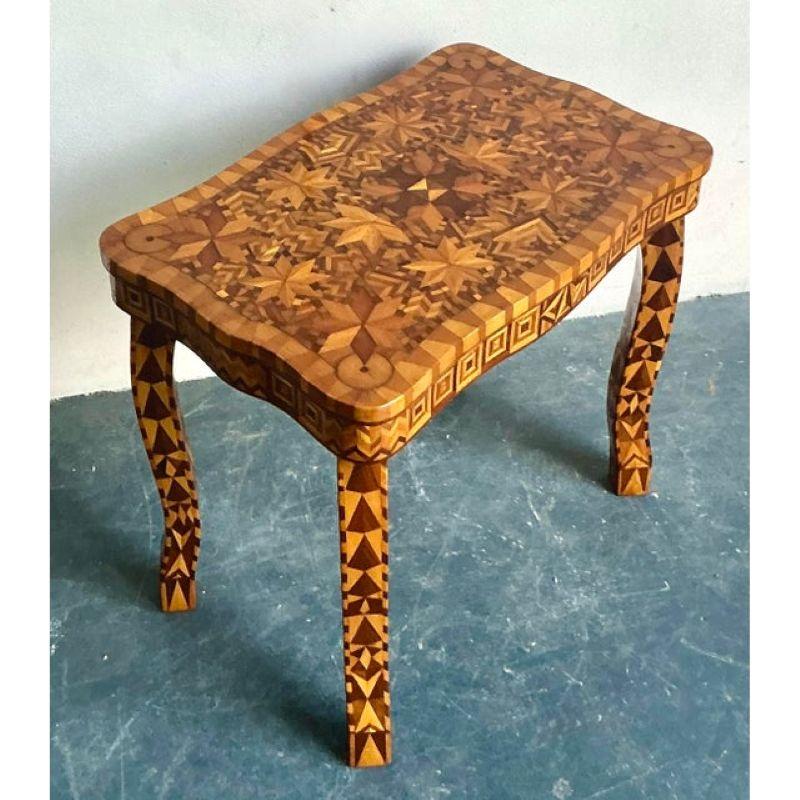 Art Deco Vintage Boho Wood Marquetry Side Table For Sale