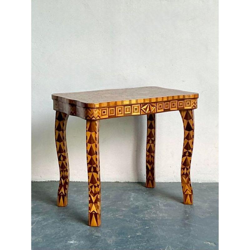American Vintage Boho Wood Marquetry Side Table For Sale