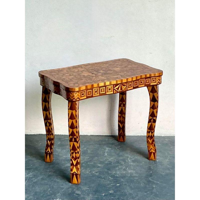 Vintage Boho Wood Marquetry Side Table In Good Condition For Sale In West Palm Beach, FL