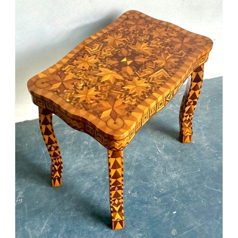 Vintage Boho Wood Marquetry Side Table For Sale 1