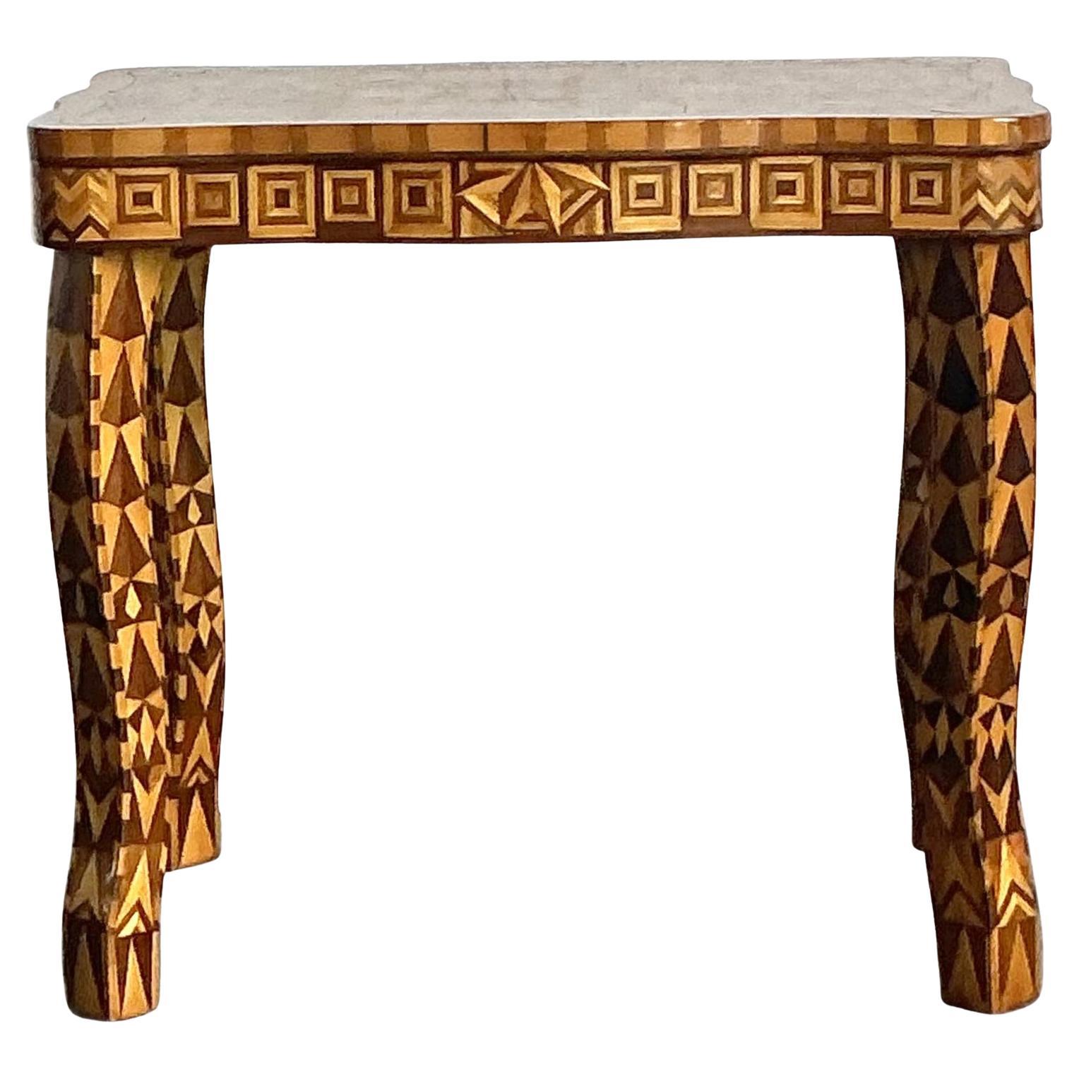 Vintage Boho Wood Marquetry Side Table For Sale