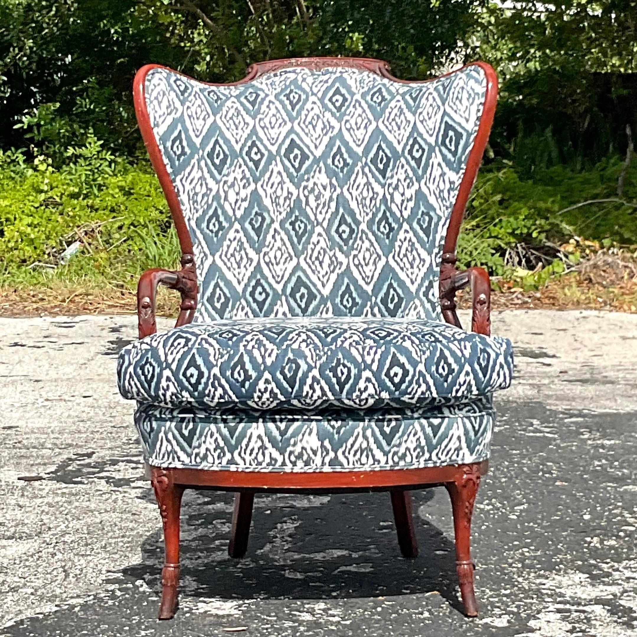 Vintage Boho Wood Trimmed Wing Back Chair In Good Condition In west palm beach, FL
