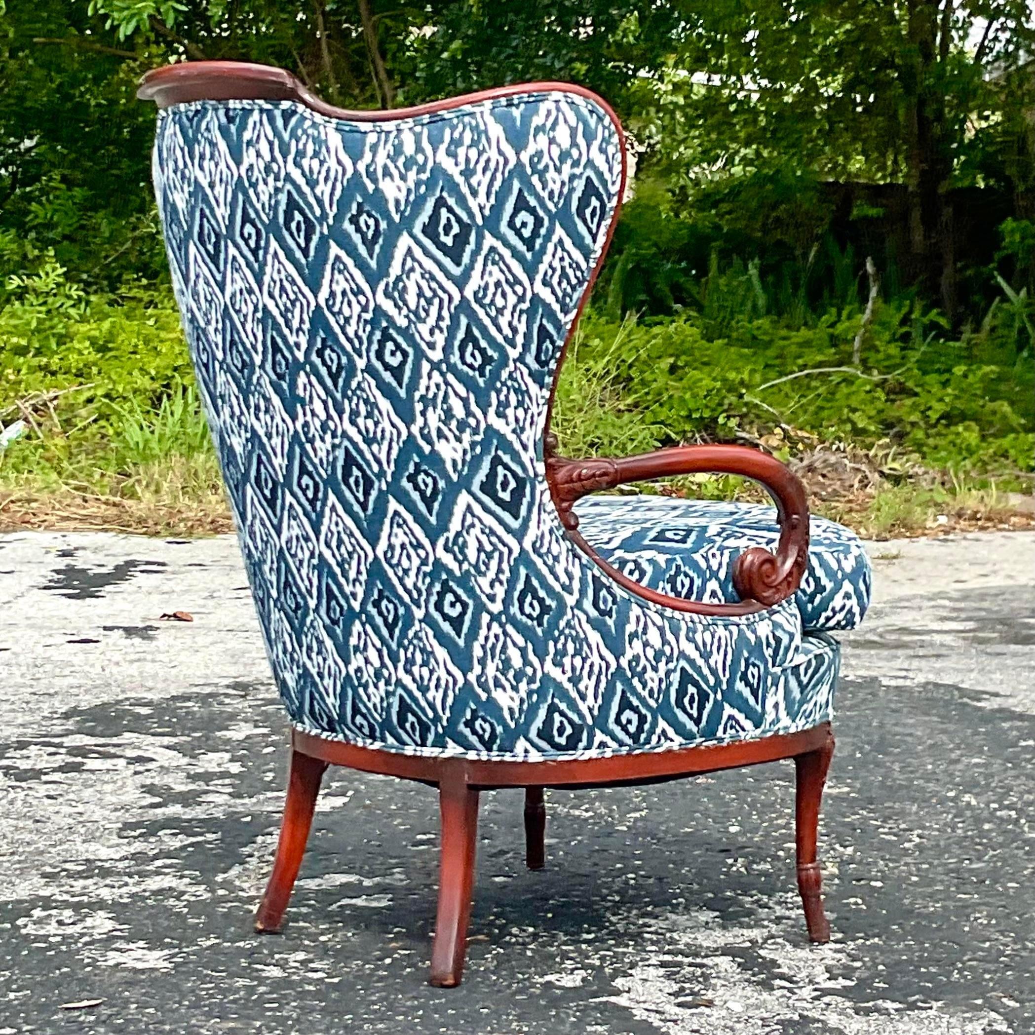 20th Century Vintage Boho Wood Trimmed Wing Back Chair