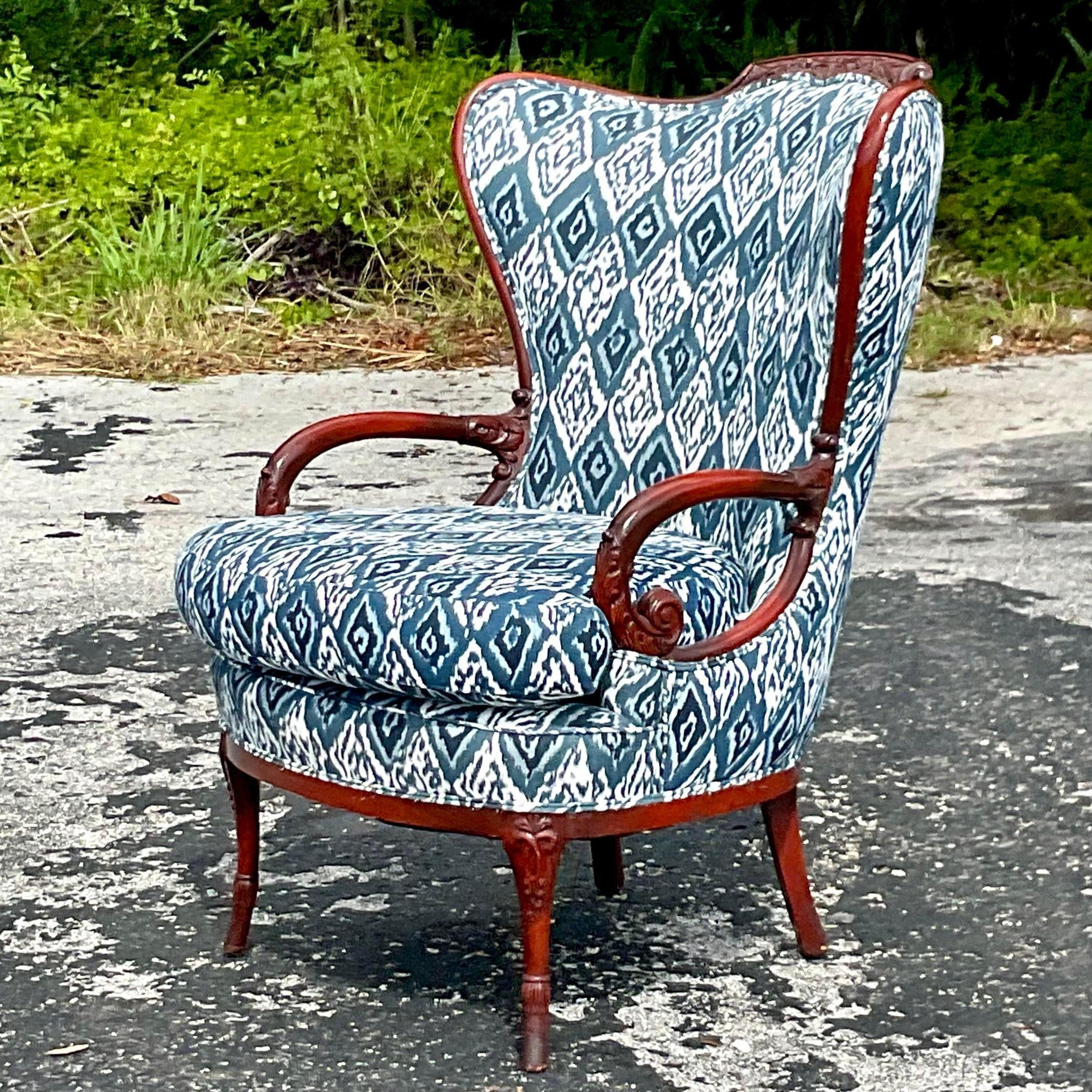 Vintage Boho Wood Trimmed Wing Back Chair 1