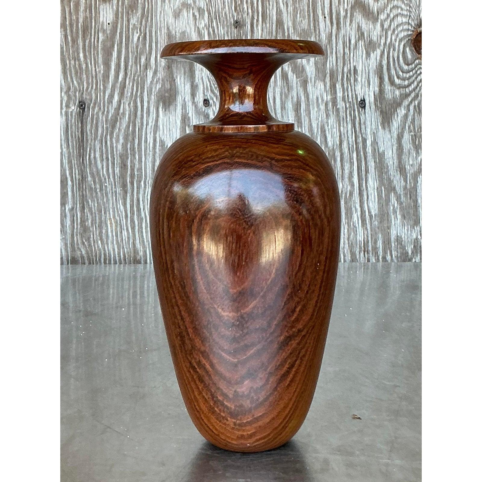 American Vintage Boho Wood Turned Vase For Sale