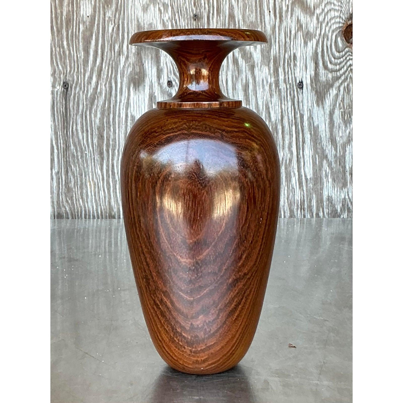 Vintage Boho Wood Turned Vase In Good Condition For Sale In West Palm Beach, FL