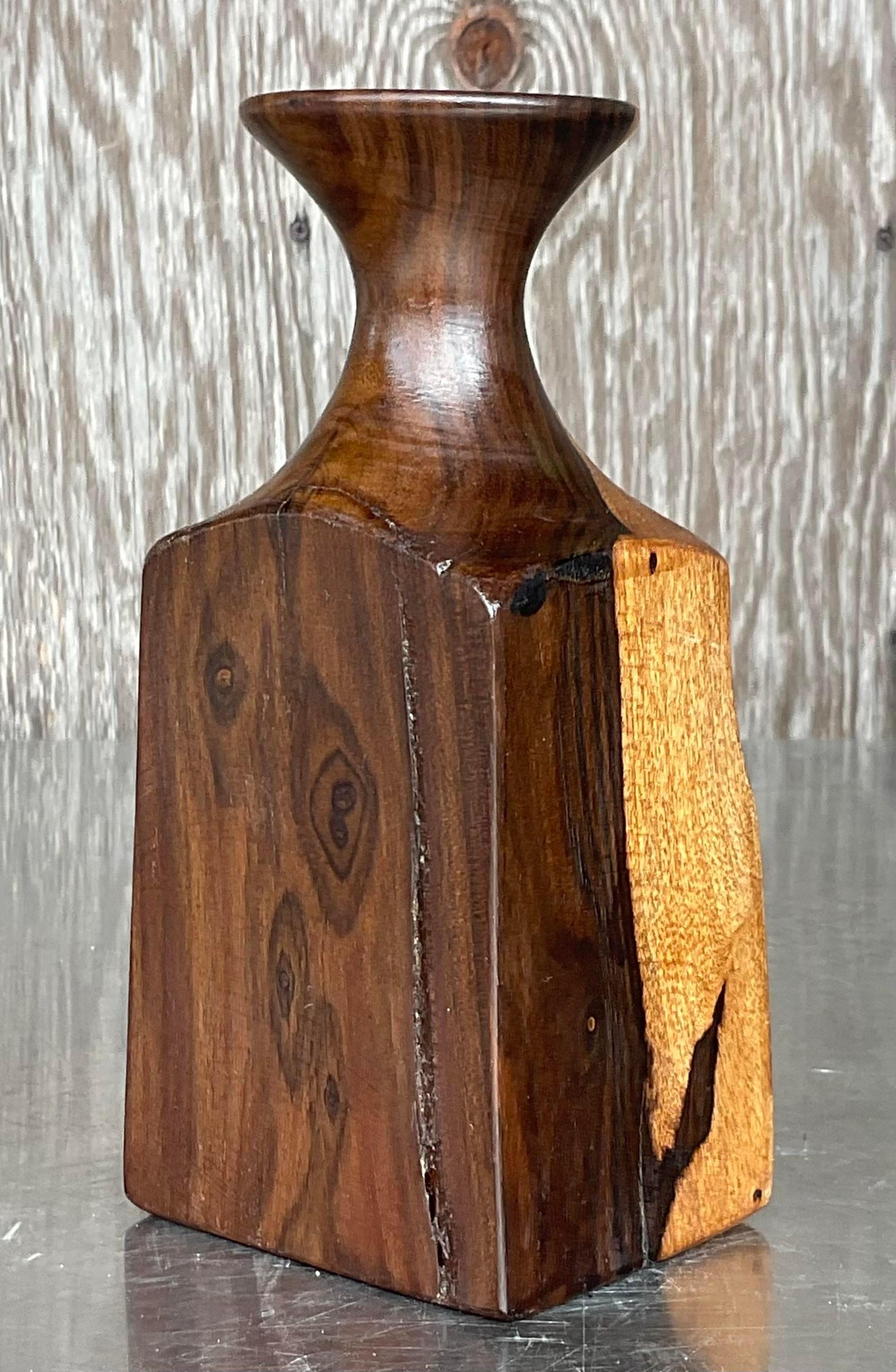Bohemian Vintage Boho Wood Vase For Sale