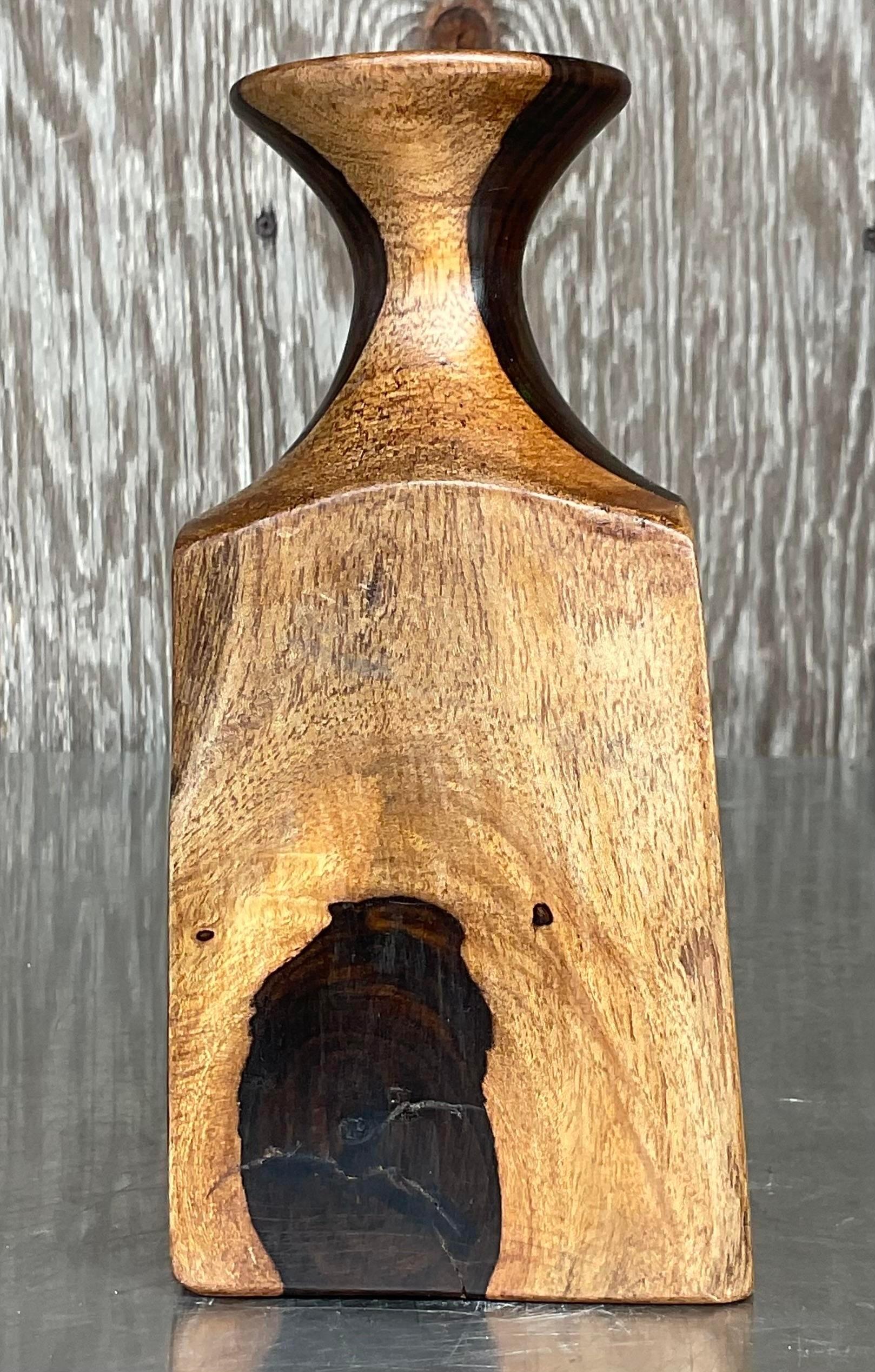 Vintage Boho Wood Vase In Good Condition For Sale In west palm beach, FL