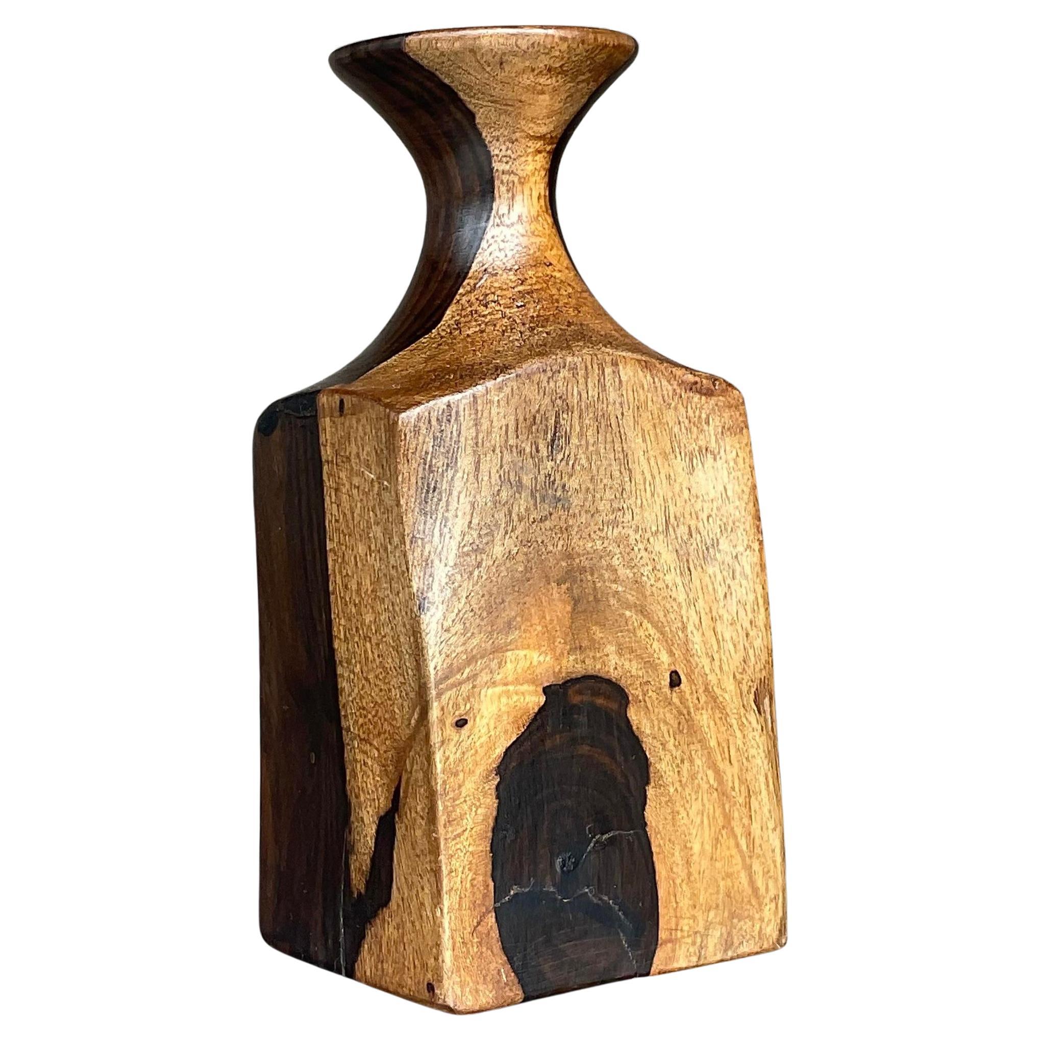 Vintage Boho Wood Vase For Sale