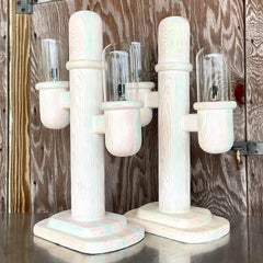 Vintage Boho Wooden Ombré Cactus Lamps, a Pair