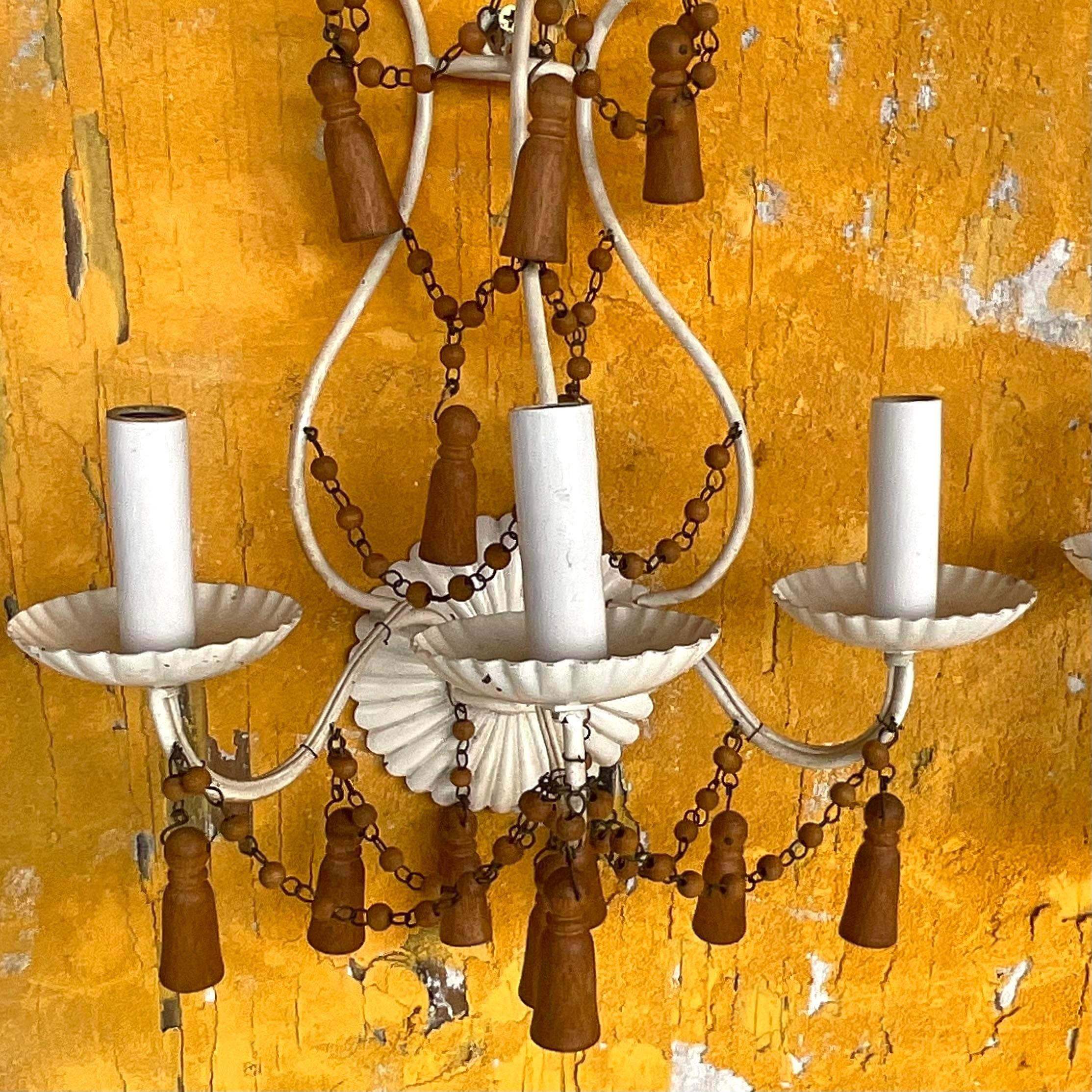 American Vintage Boho Wooden Swag Light Sconce - a Pair For Sale