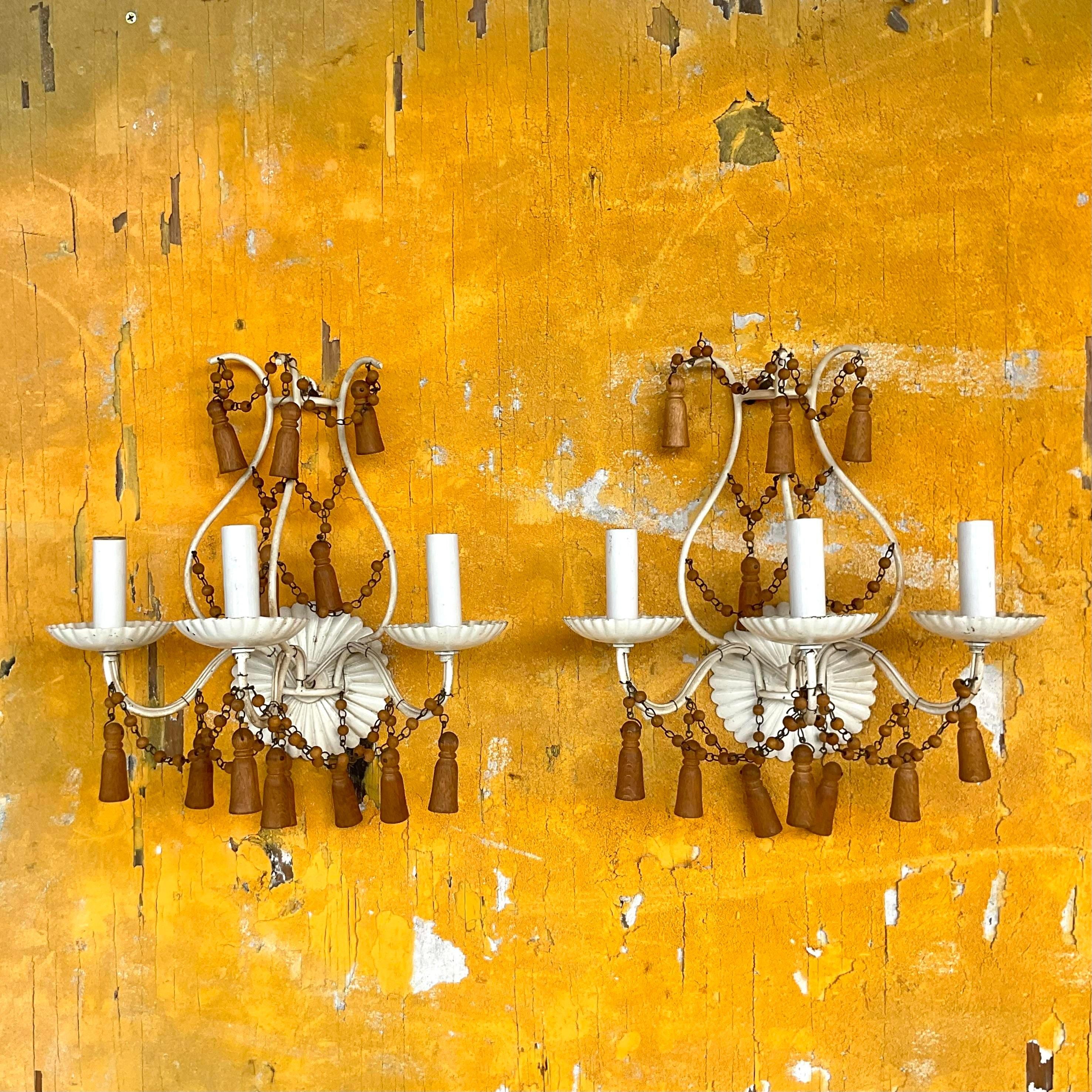 Vintage Boho Wooden Swag Light Sconce - a Pair In Good Condition For Sale In west palm beach, FL