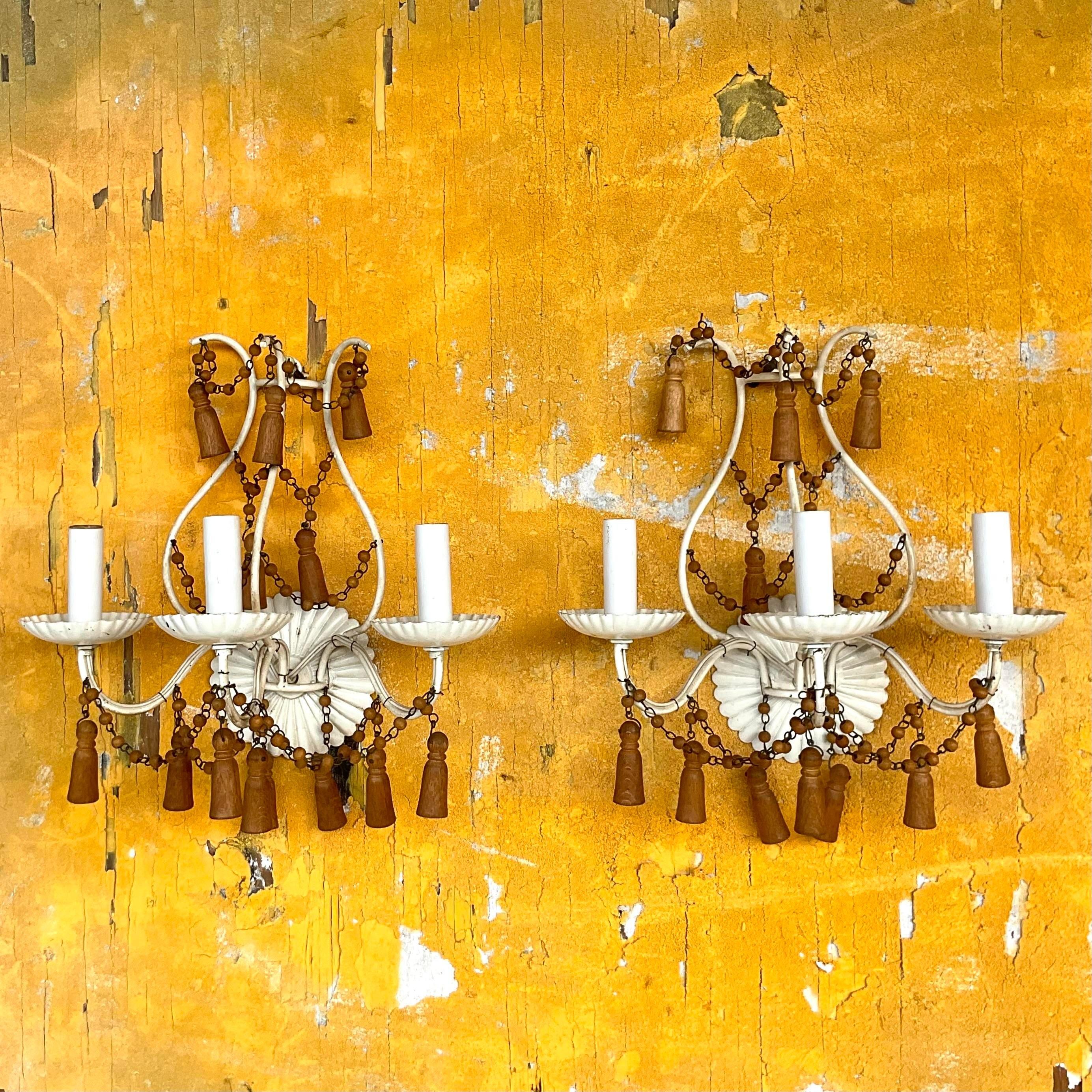 20th Century Vintage Boho Wooden Swag Light Sconce - a Pair For Sale