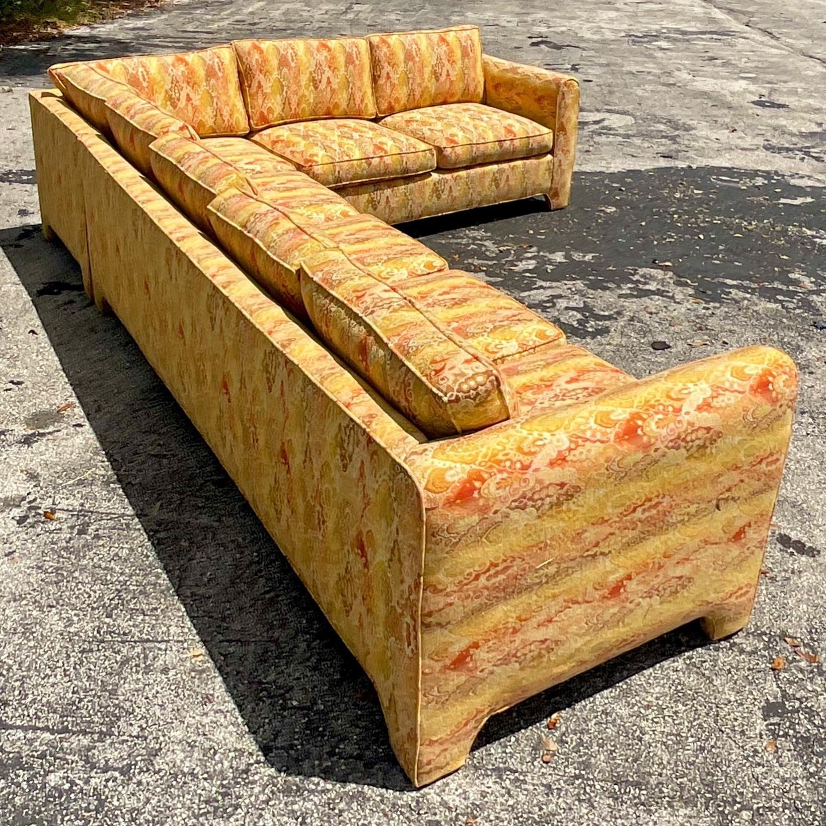 Vintage Boho Woven Jacquard Sectional Parsons Sectional Sofa In Good Condition In west palm beach, FL